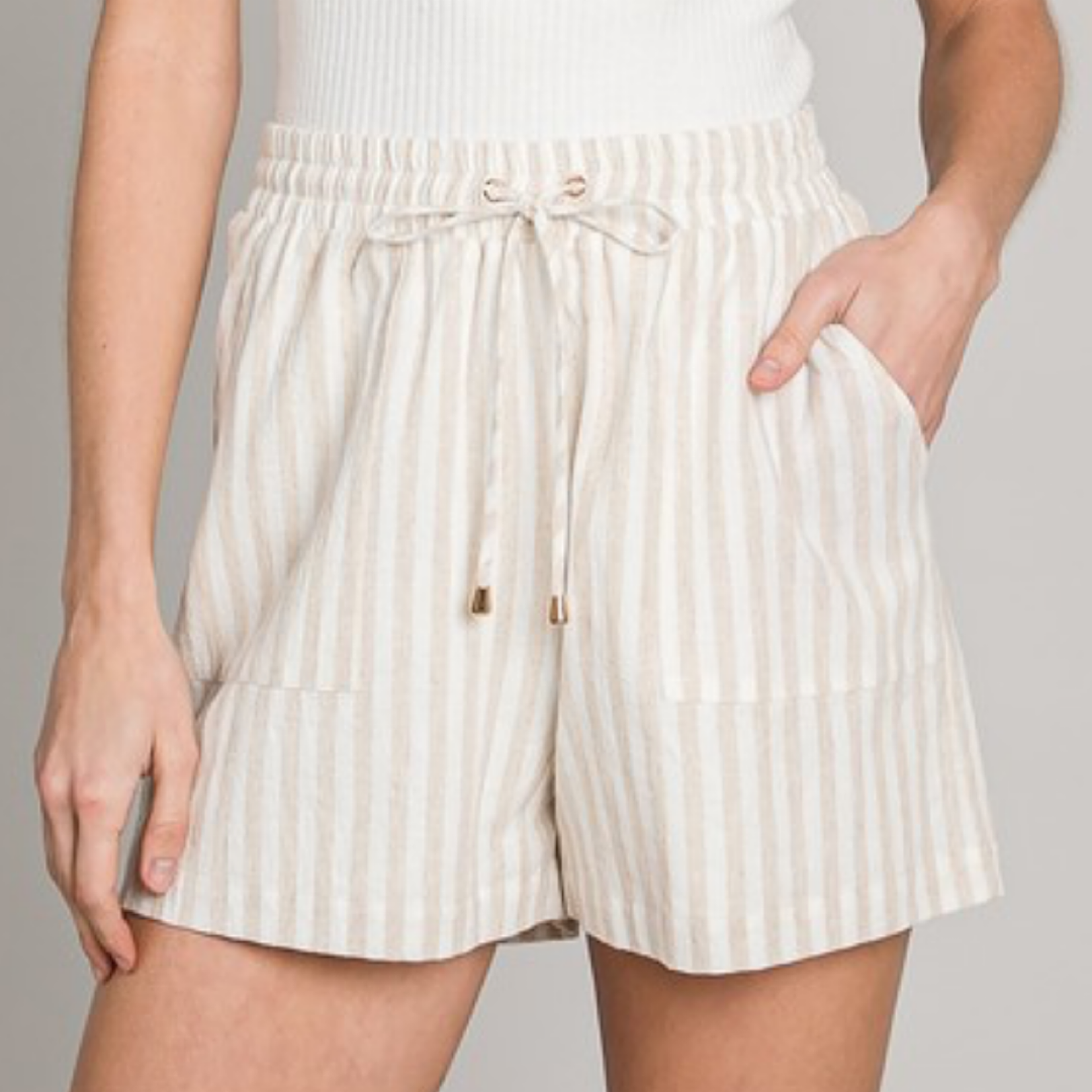 Natural Striped Soft Linen Shorts with Elastic Tie Waist