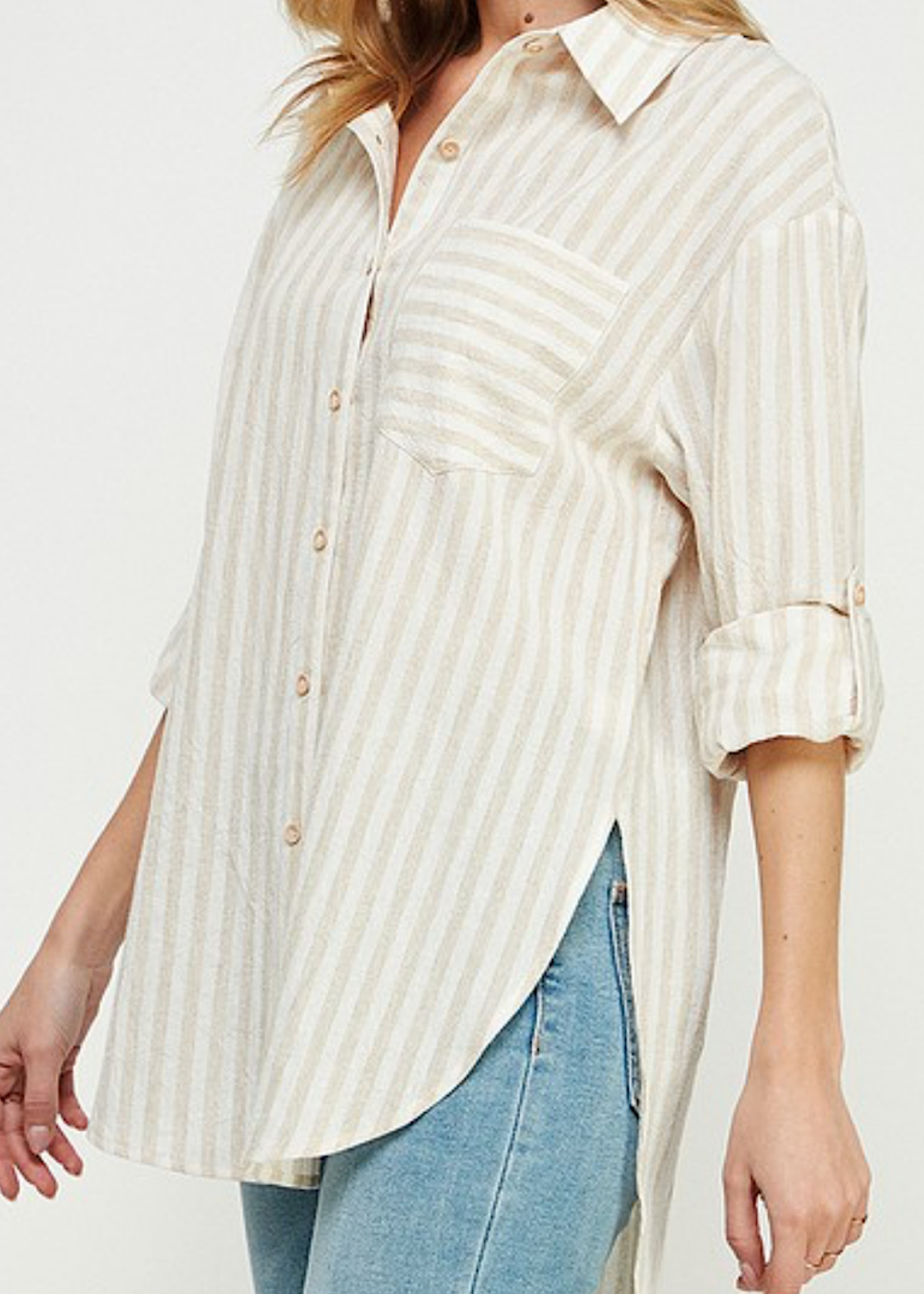 Natural Stripe Breezy Linen Shirt with Button Back Detail