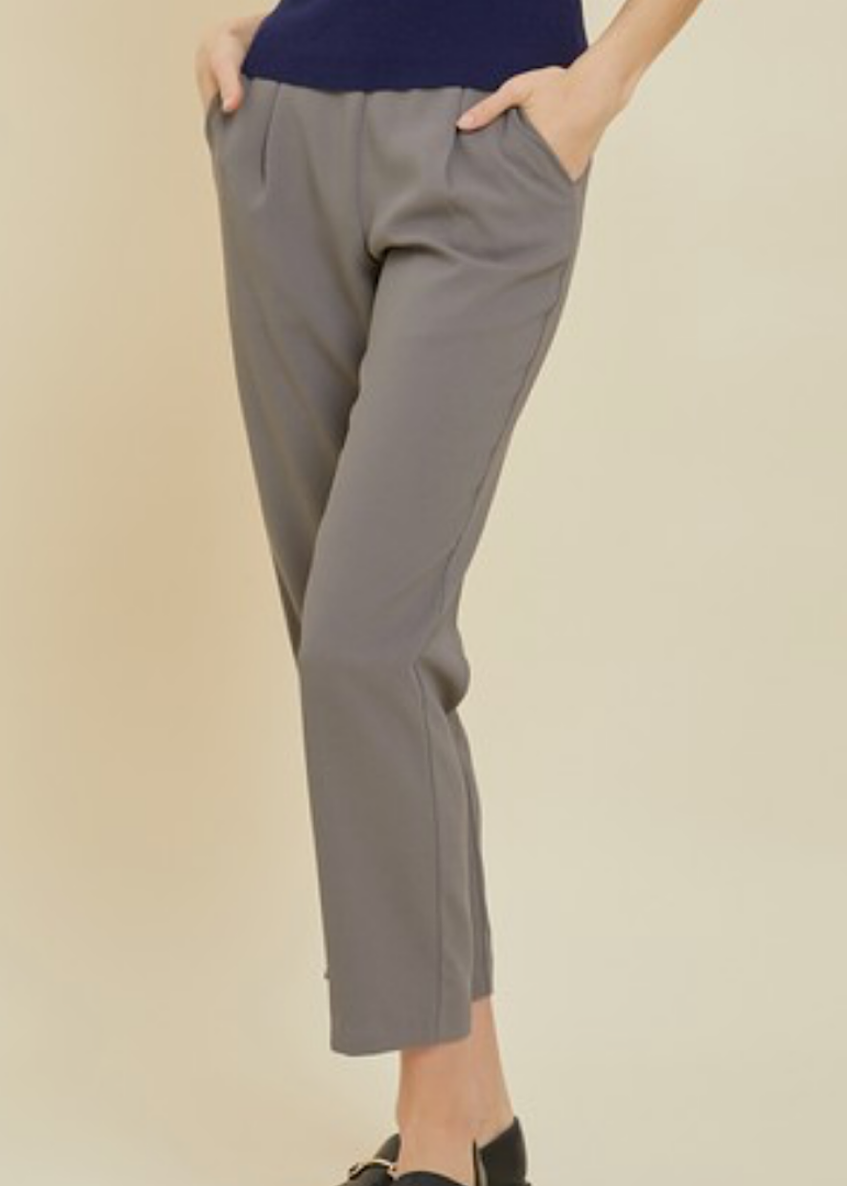 Grey Mid Rise Pant with Elastic Waist and Side Pockets