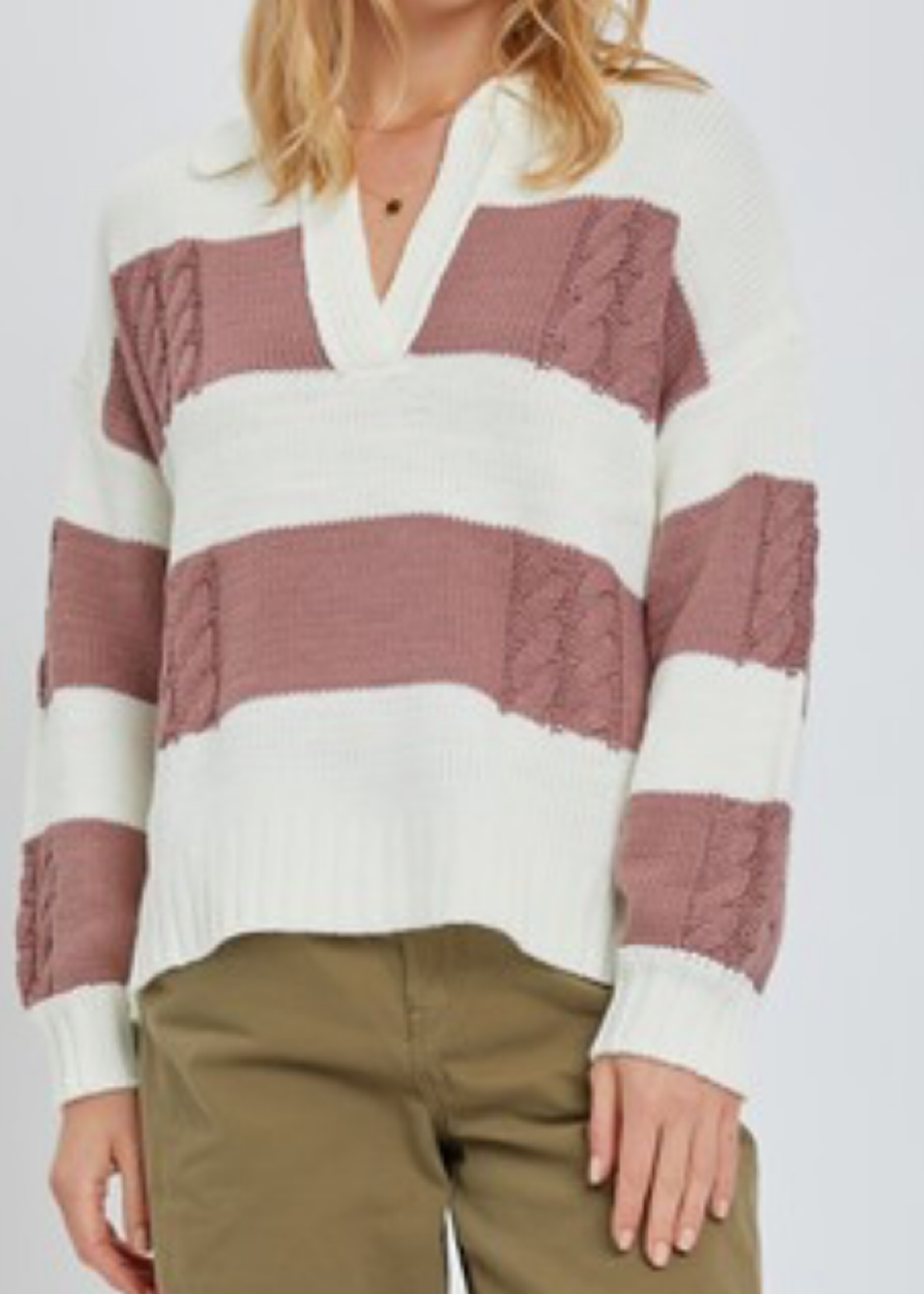 Mauve V Neck Cable Knit Striped Sweater
