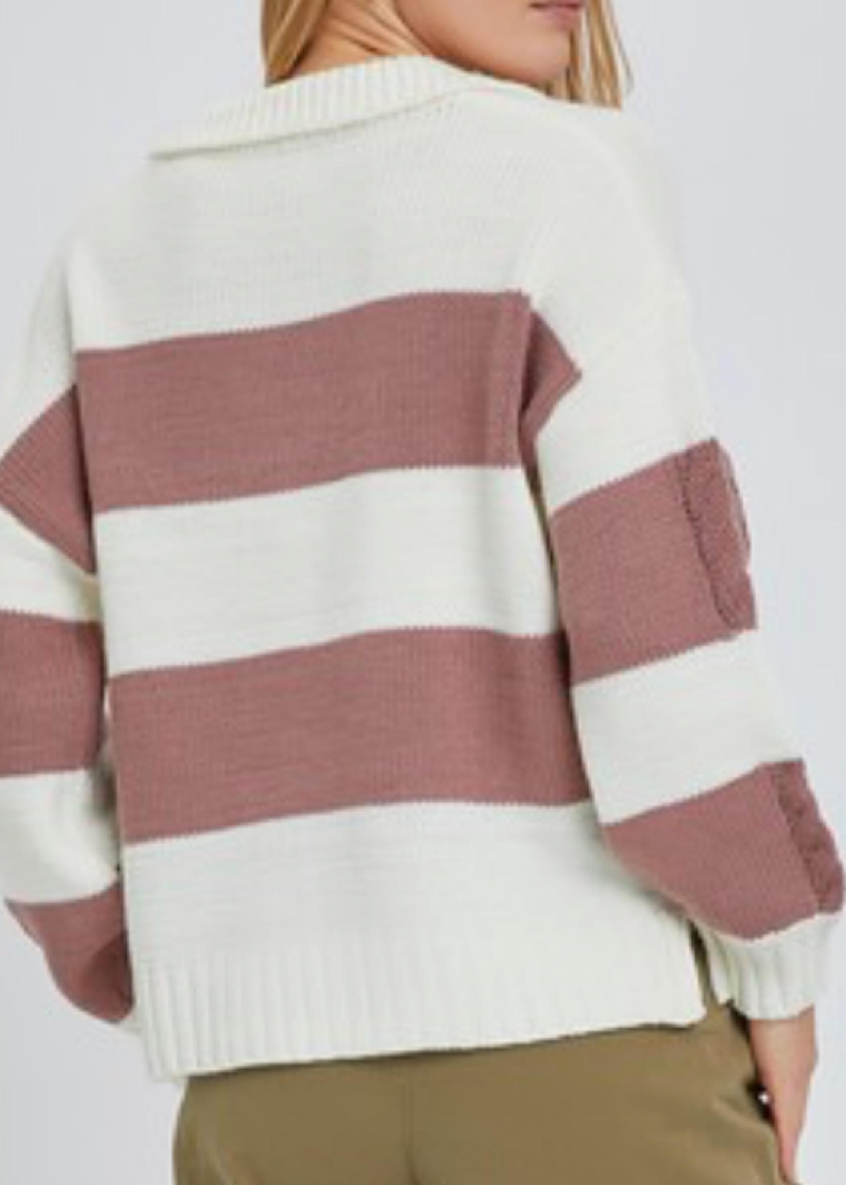 Mauve V Neck Cable Knit Striped Sweater
