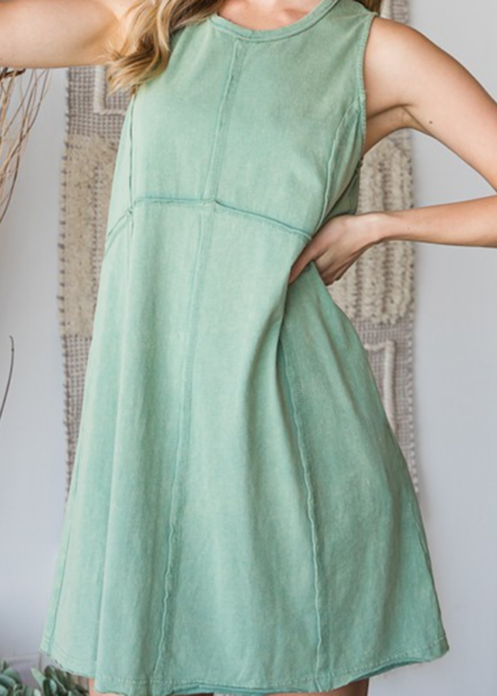 Green Tea Washed Tank Dress with Stitching