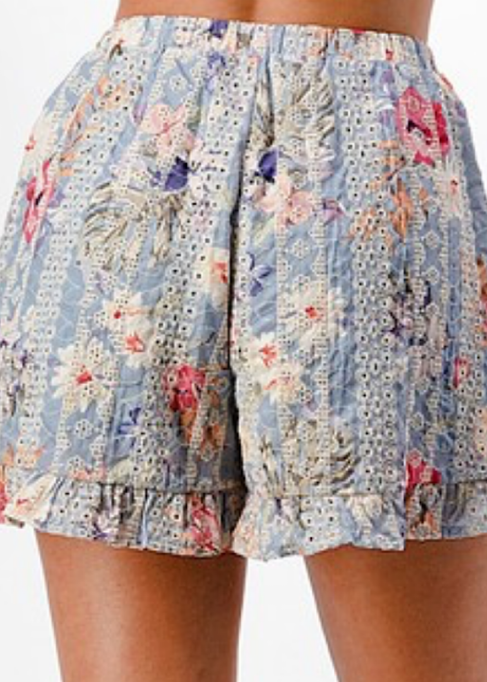 Blue Multi Floral Eyelet Ruffle Shorts