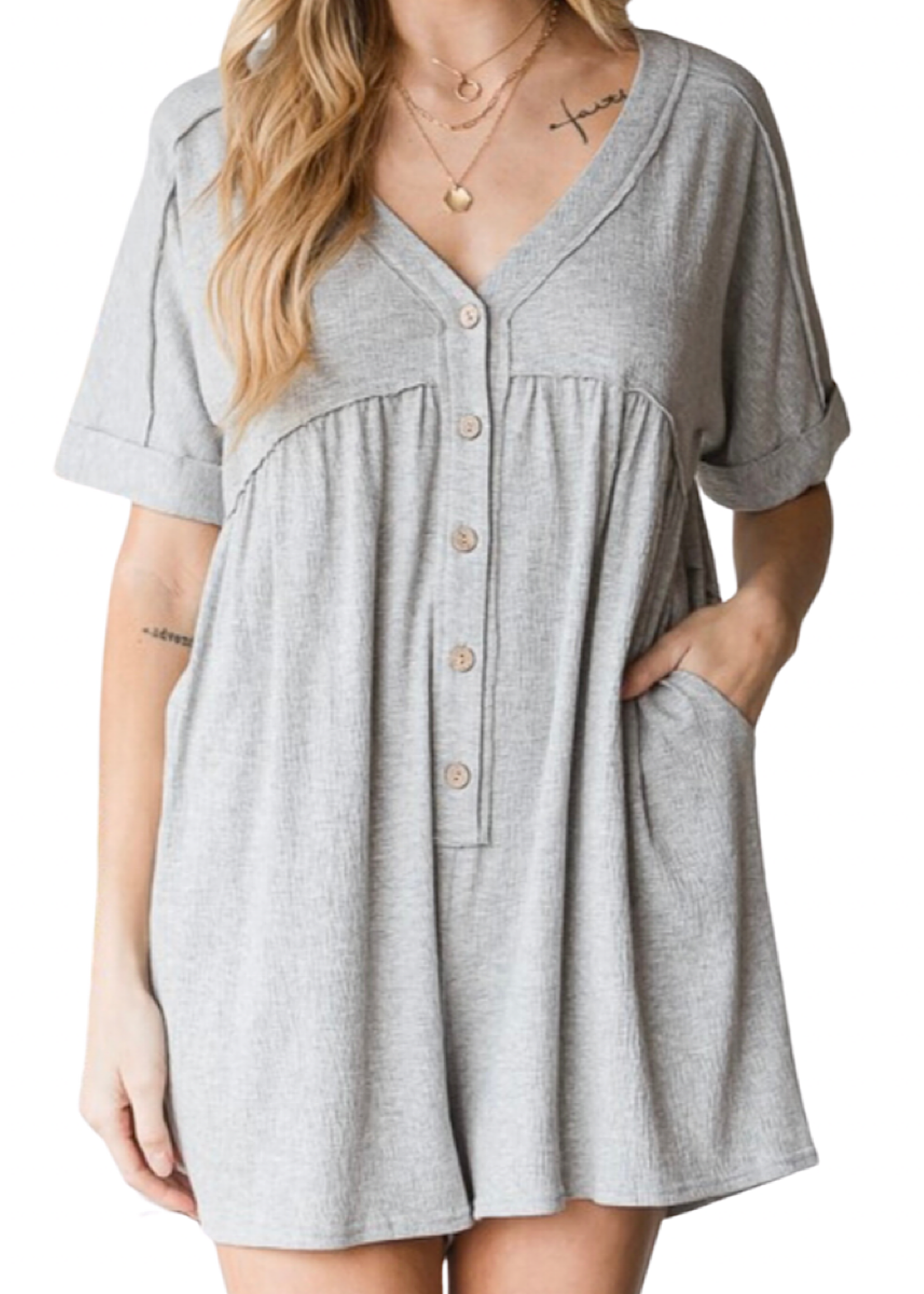Heather Grey Button Down Romper with Side Pockets
