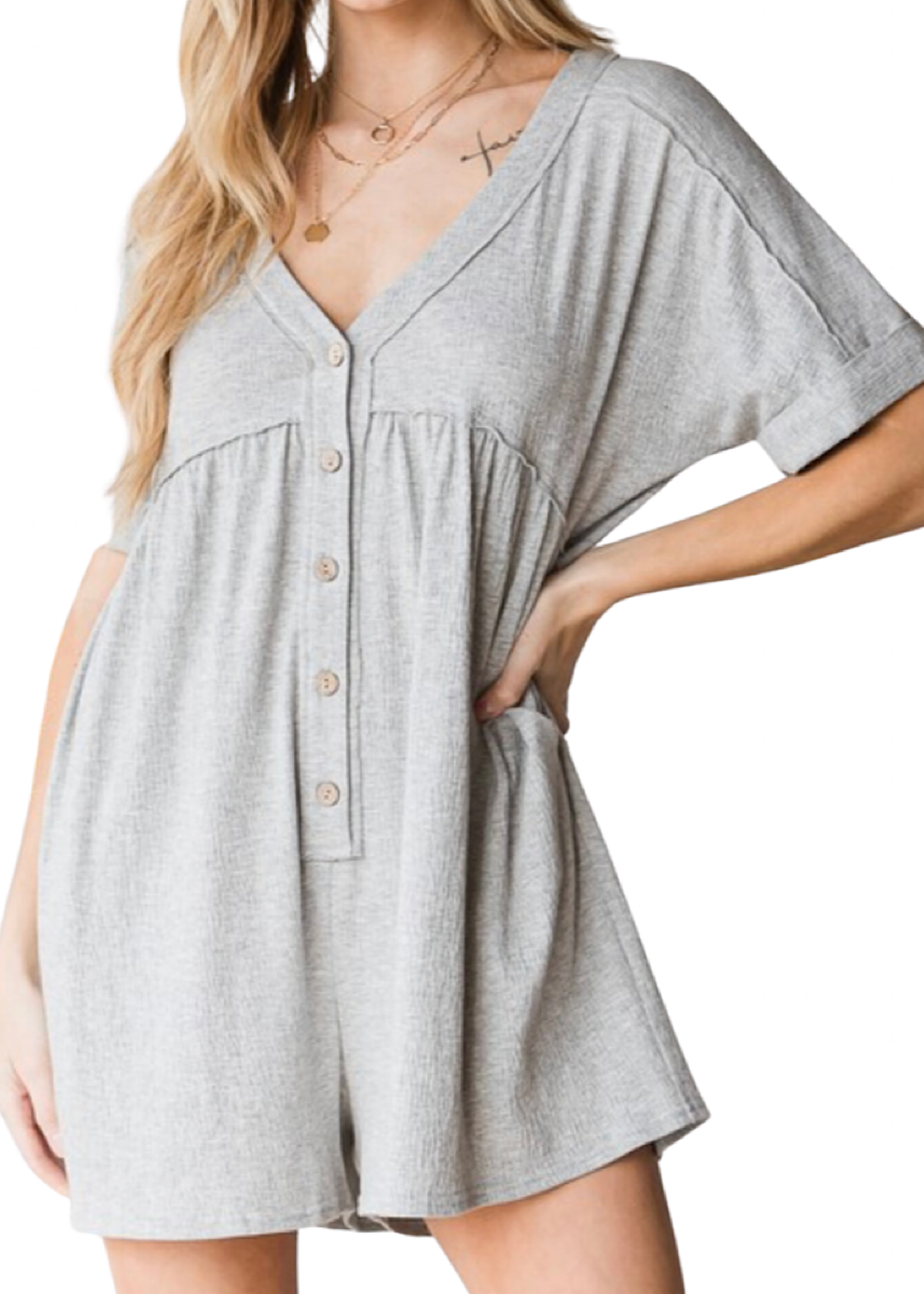 Heather Grey Button Down Romper with Side Pockets