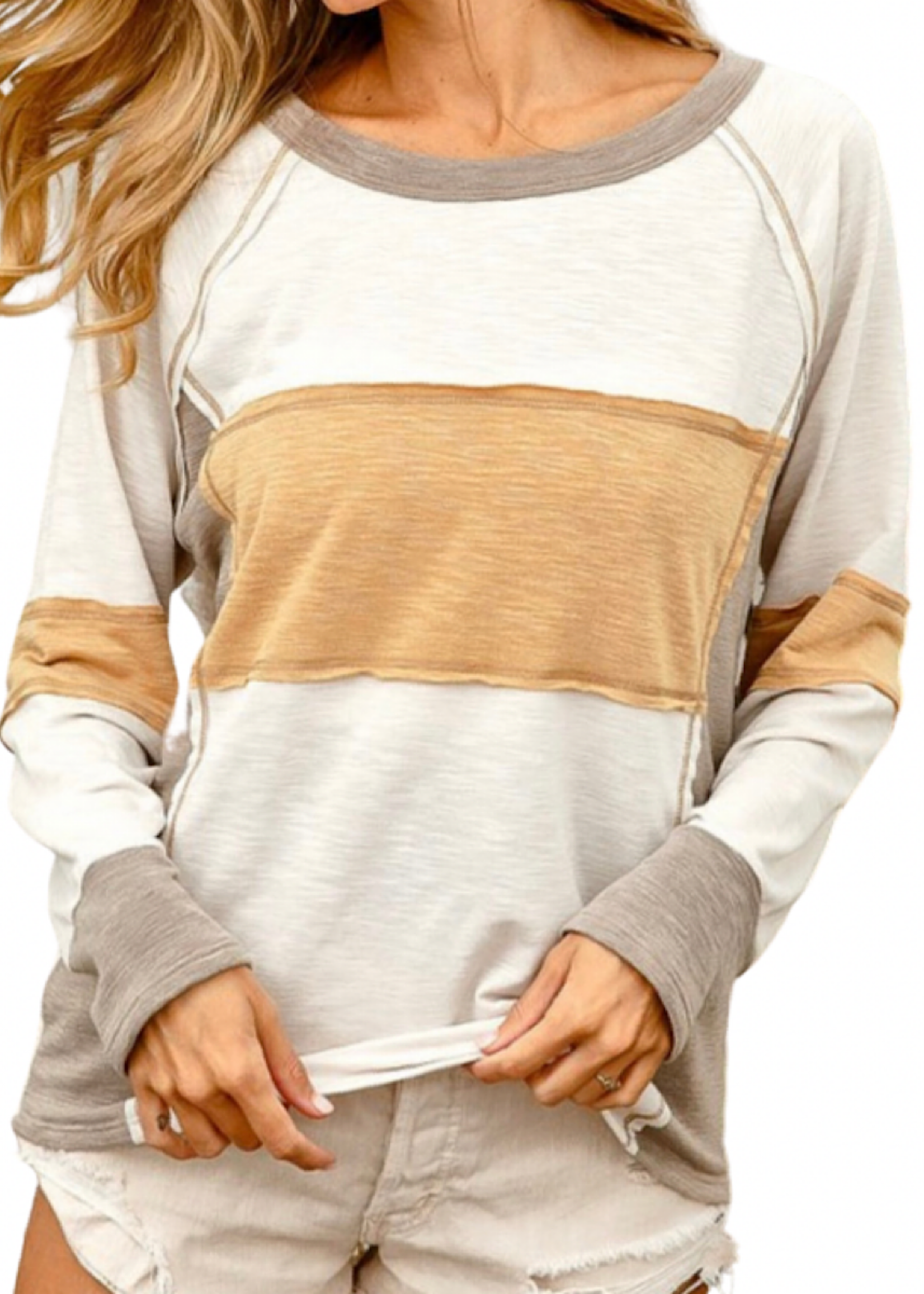 Mocha/Mustard Slub Terry Color Block Sweater Top