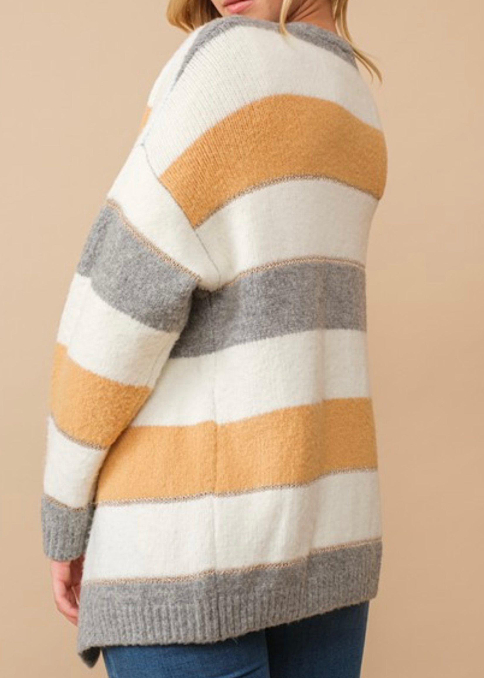 White Multi Color Block Cardigan with Lurex Accent Stripes