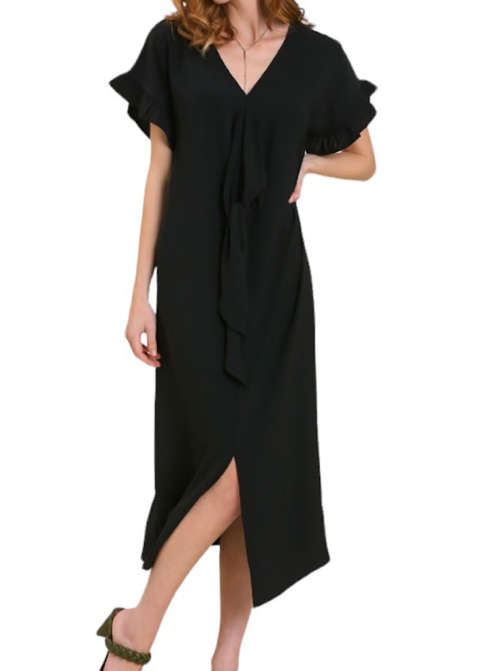 Black V-Neck Ruffle Sleeve Dress With Front Tie