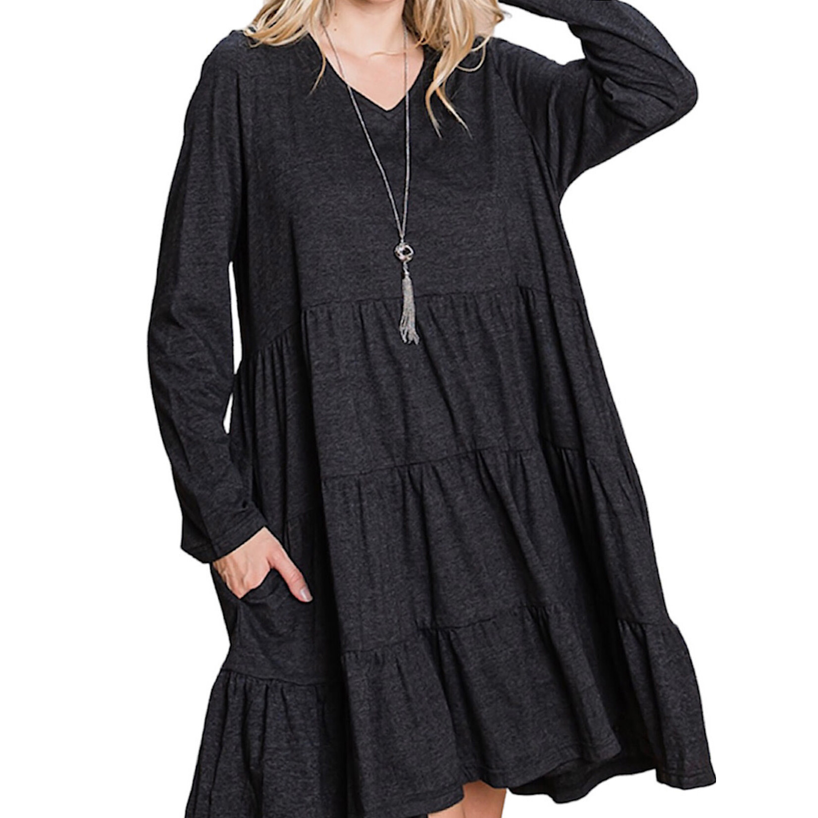 Plus Black 2 Tone Knit Tiered Dress