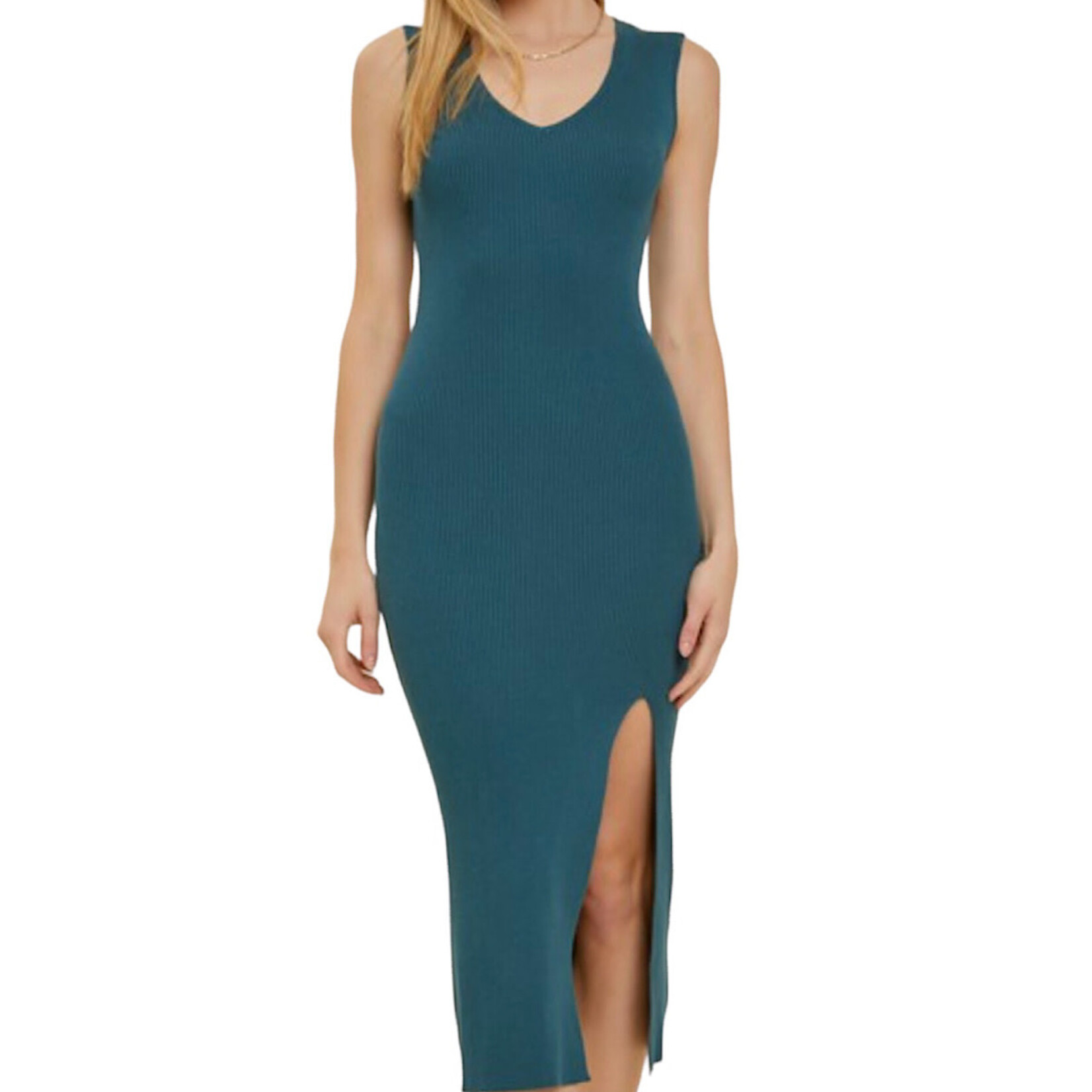 Emerald Green V-Neck Sleeveless Sweater Dress