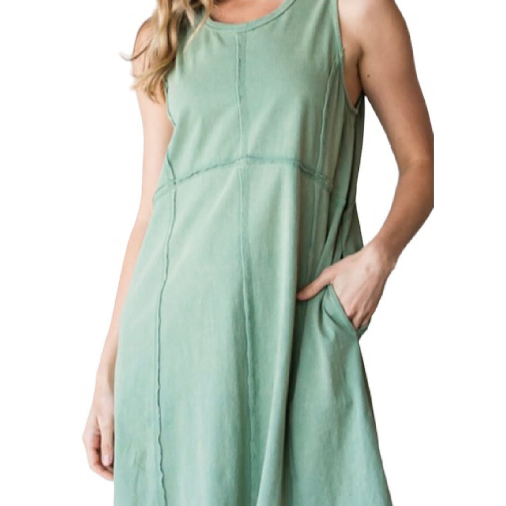 Green Tea Washed Tank Dress with Stitching