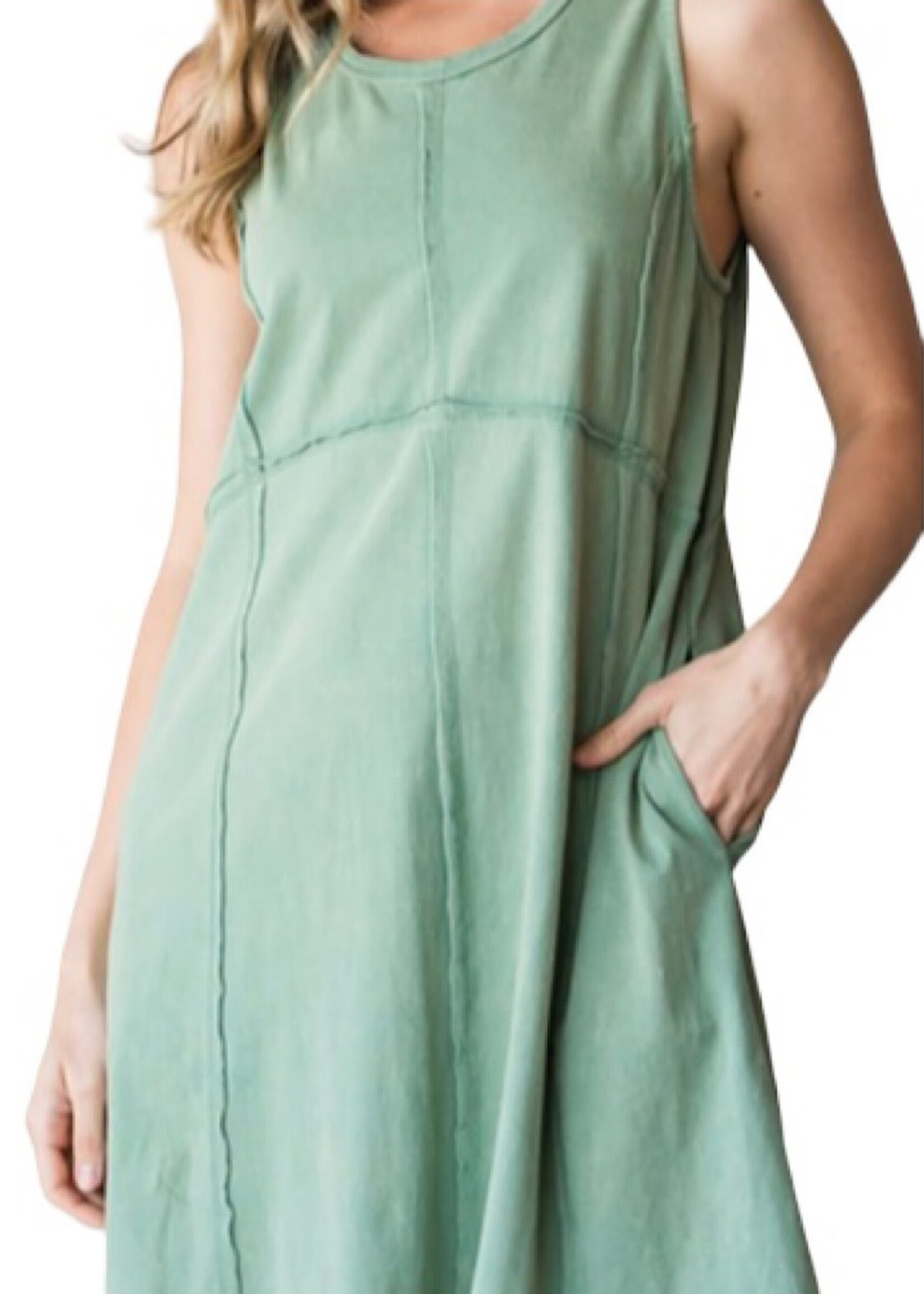 Green Tea Washed Tank Dress with Stitching