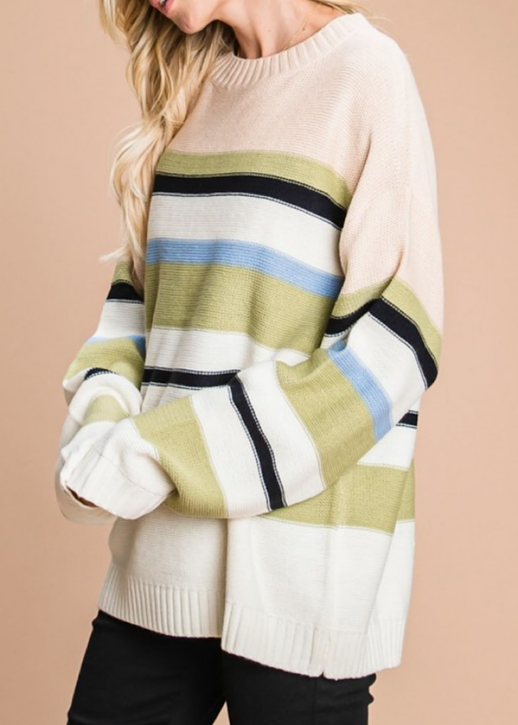 Mauve Combo Casual Color Block Striped Sweater