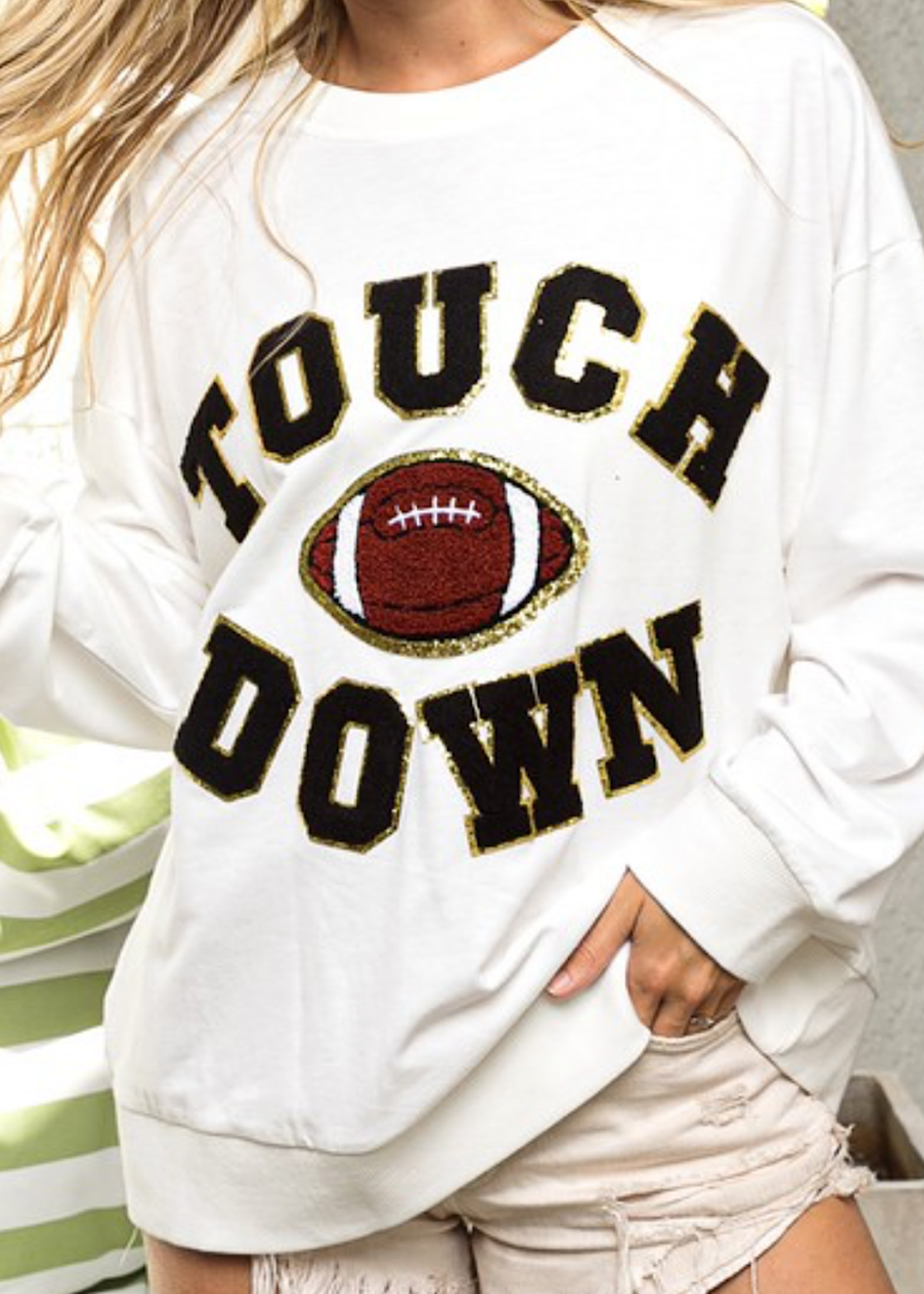 White/Black Touchdown Letter Patched Oversized Sweatshirt
