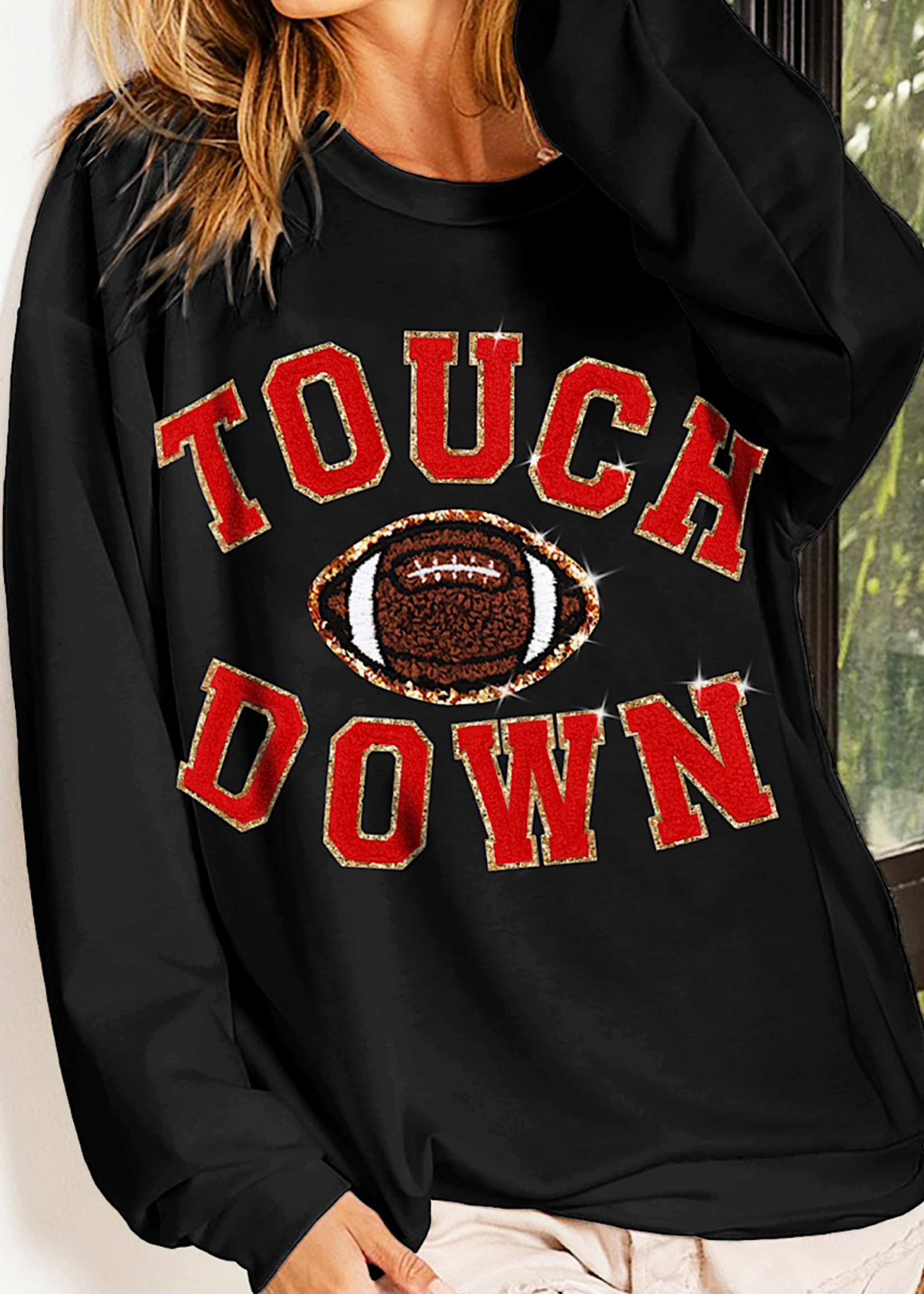 Black Touchdown Letter Patched Oversized Sweatshirt
