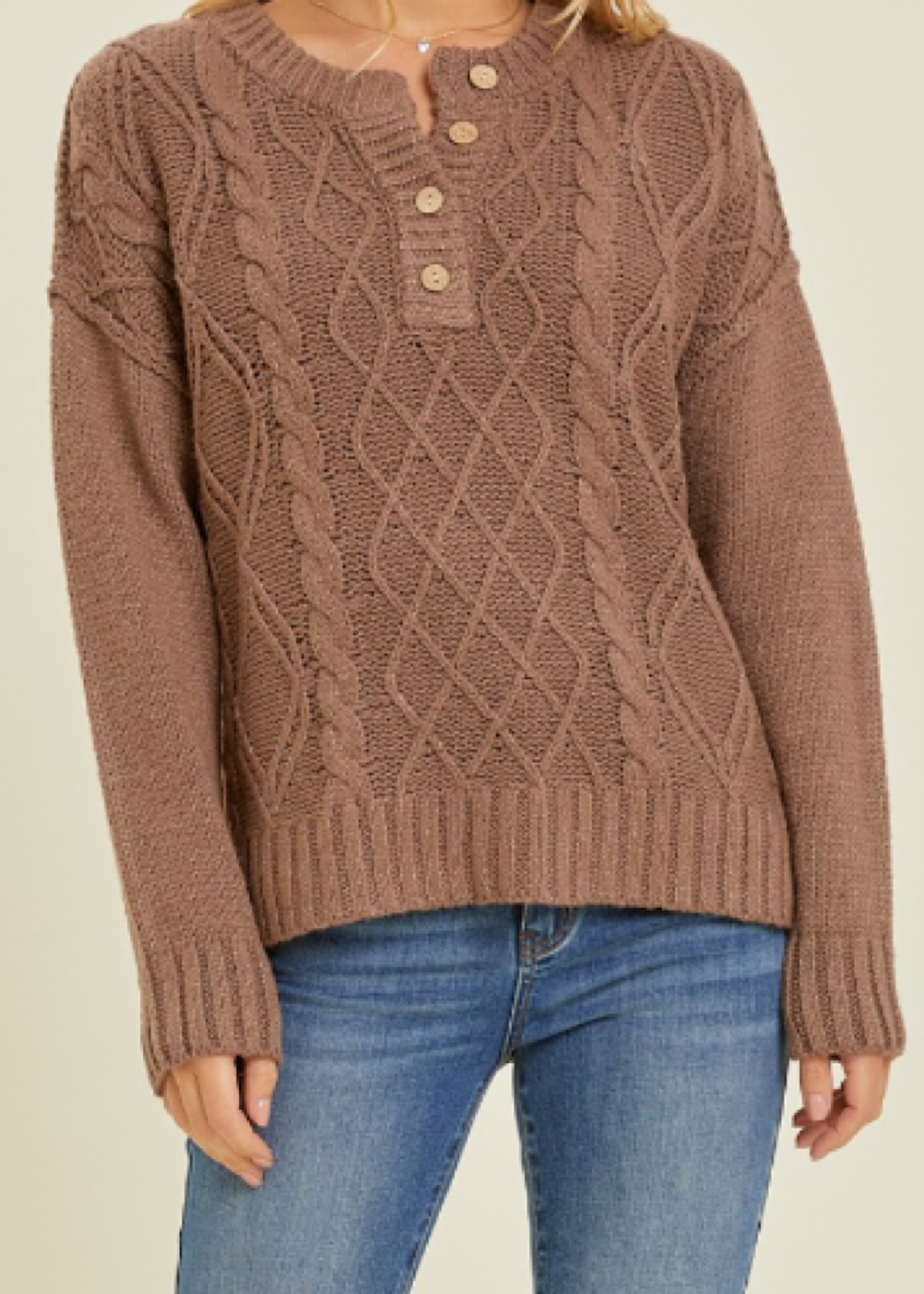 Mocha Button Cable Knit Sweater