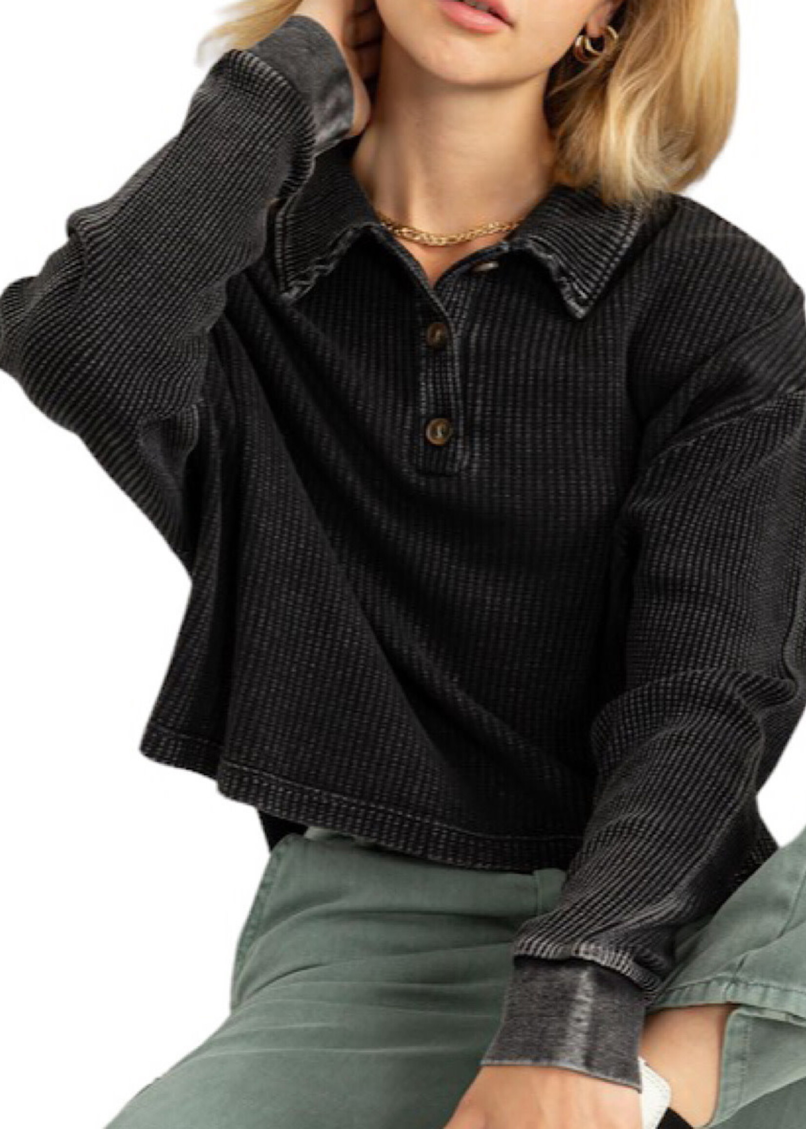 Black Long Sleeve Collared Button Front Top