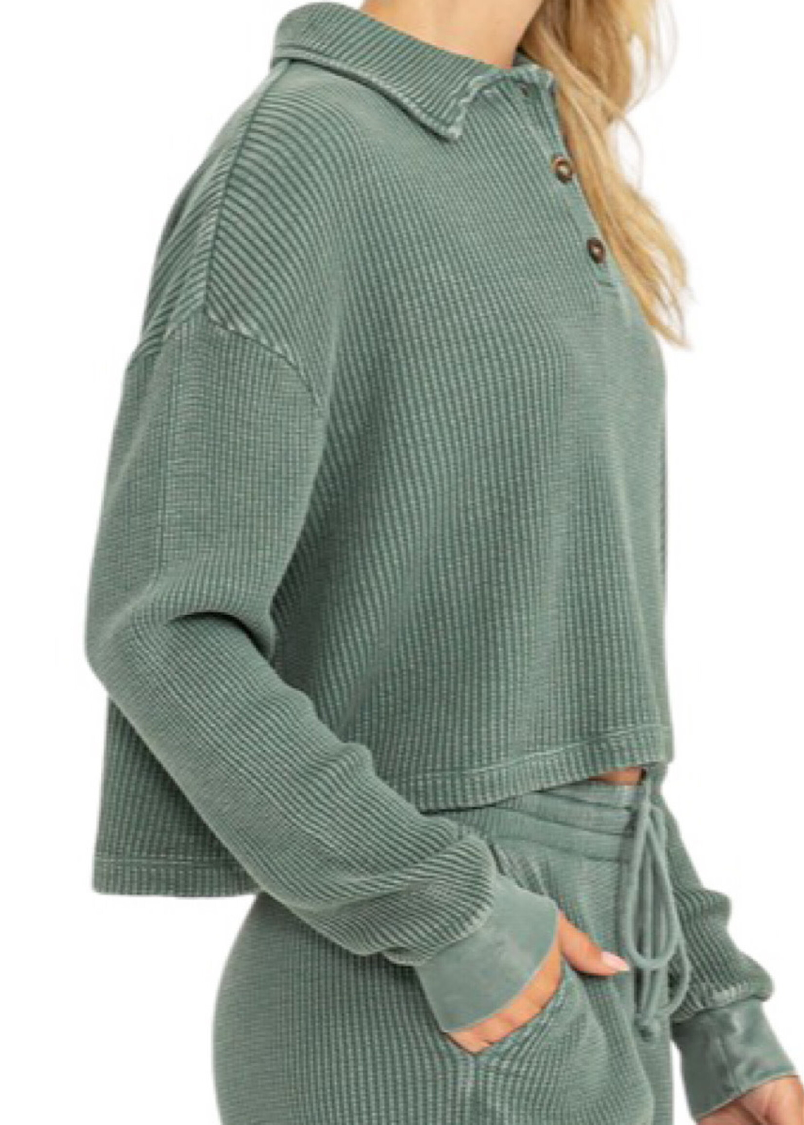 Green Long Sleeve Collared Button Front Top