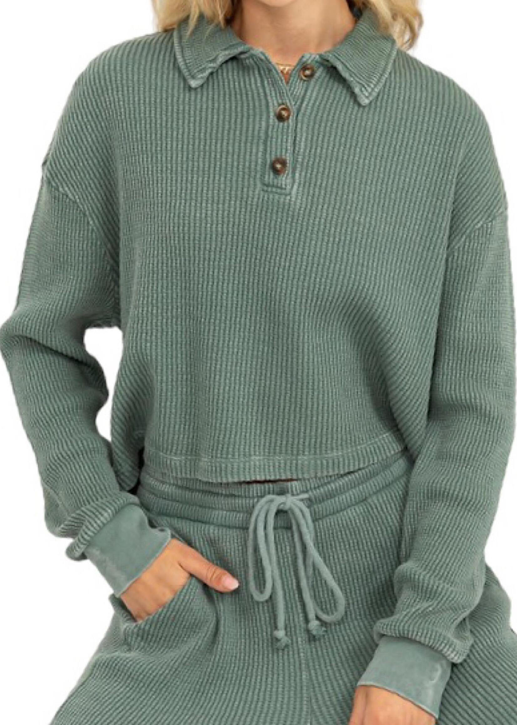 Green Long Sleeve Collared Button Front Top