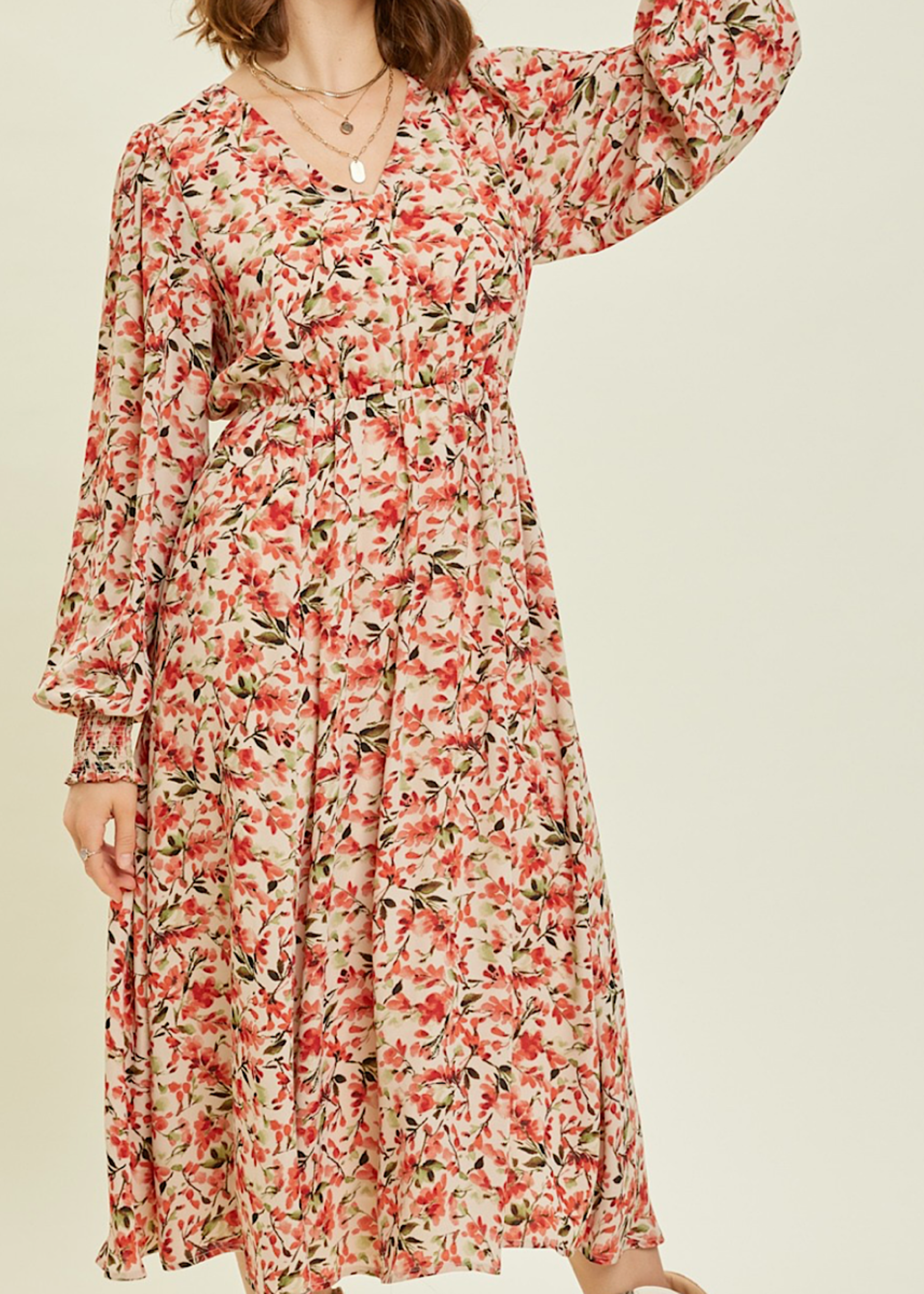 Taupe Multi Floral V Neck Midi Dress with Balloon Sleeves