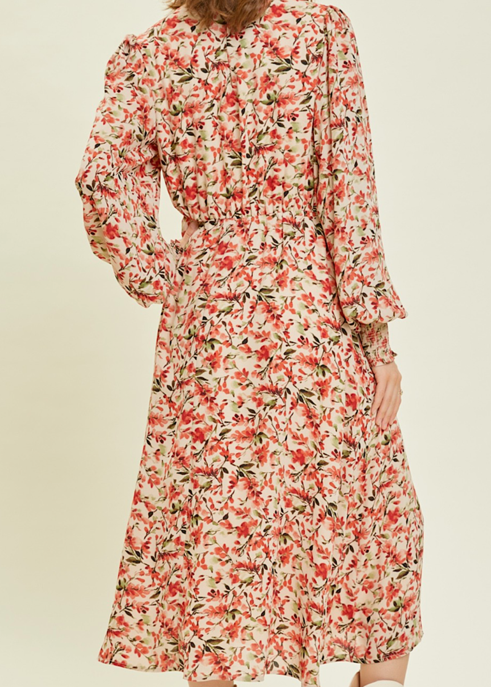 Taupe Multi Floral V Neck Midi Dress with Balloon Sleeves