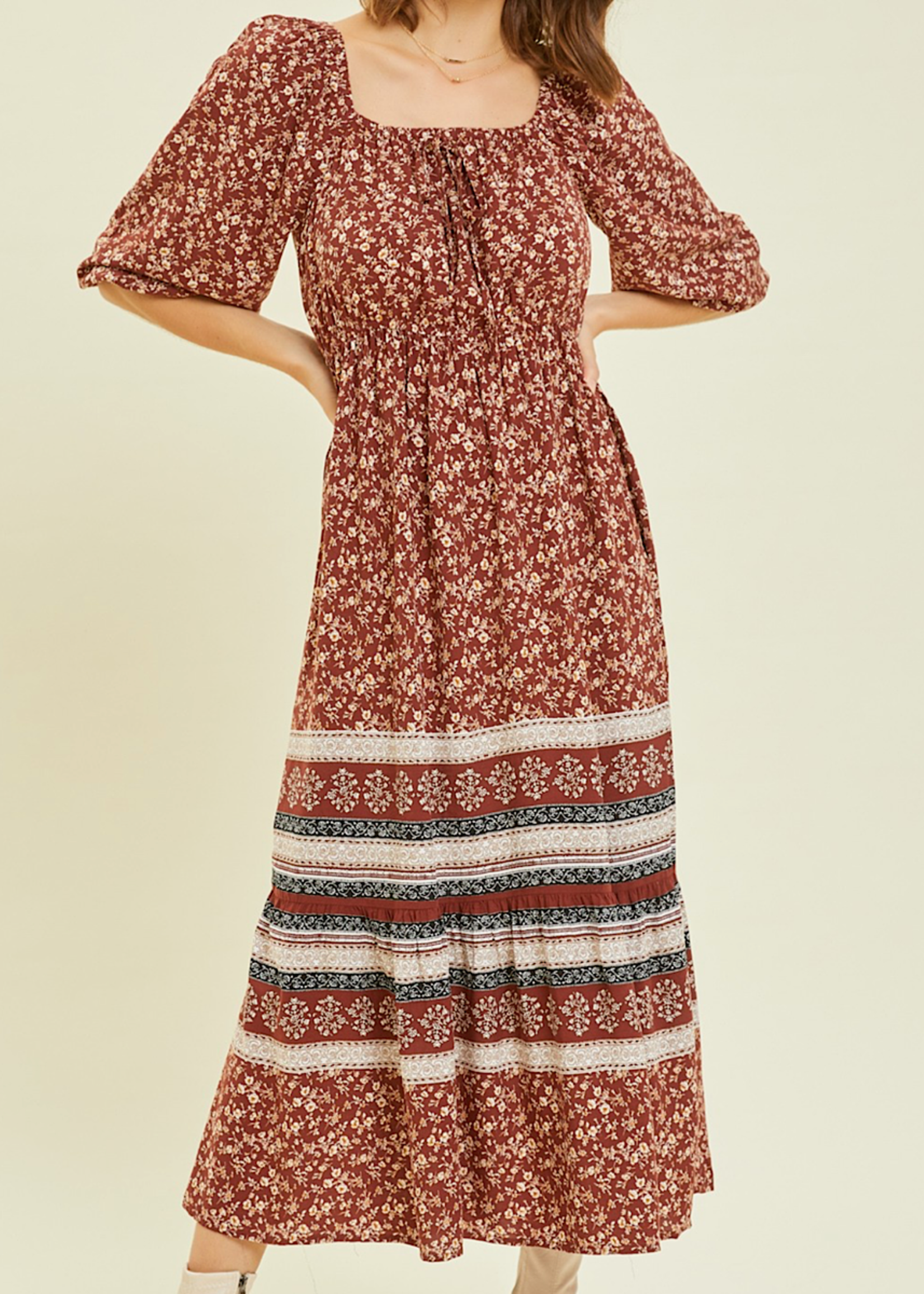 Burgundy Square Neck Floral Printed Midi Dress with 3/4 Sleeves
