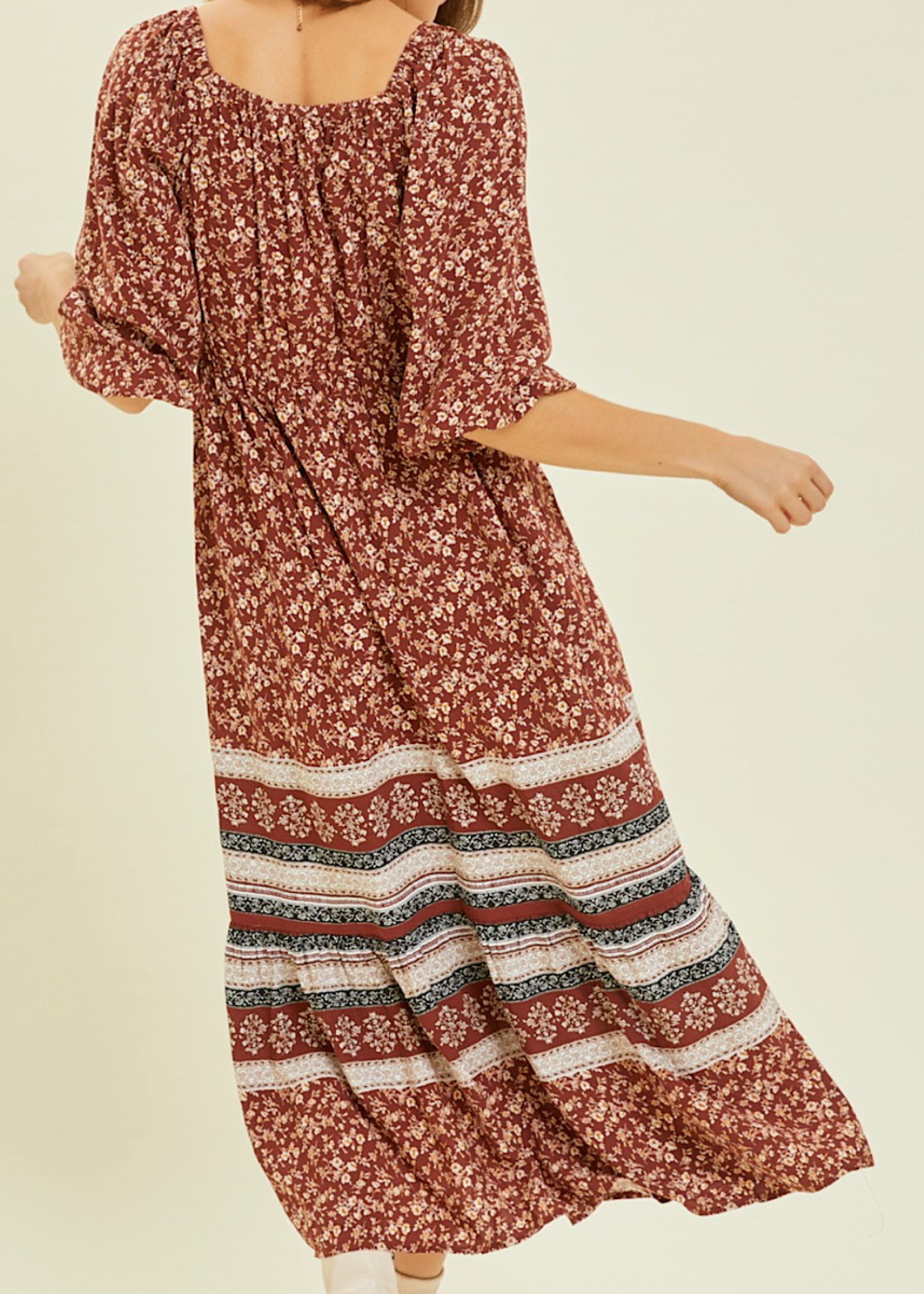 Burgundy Square Neck Floral Printed Midi Dress with 3/4 Sleeves