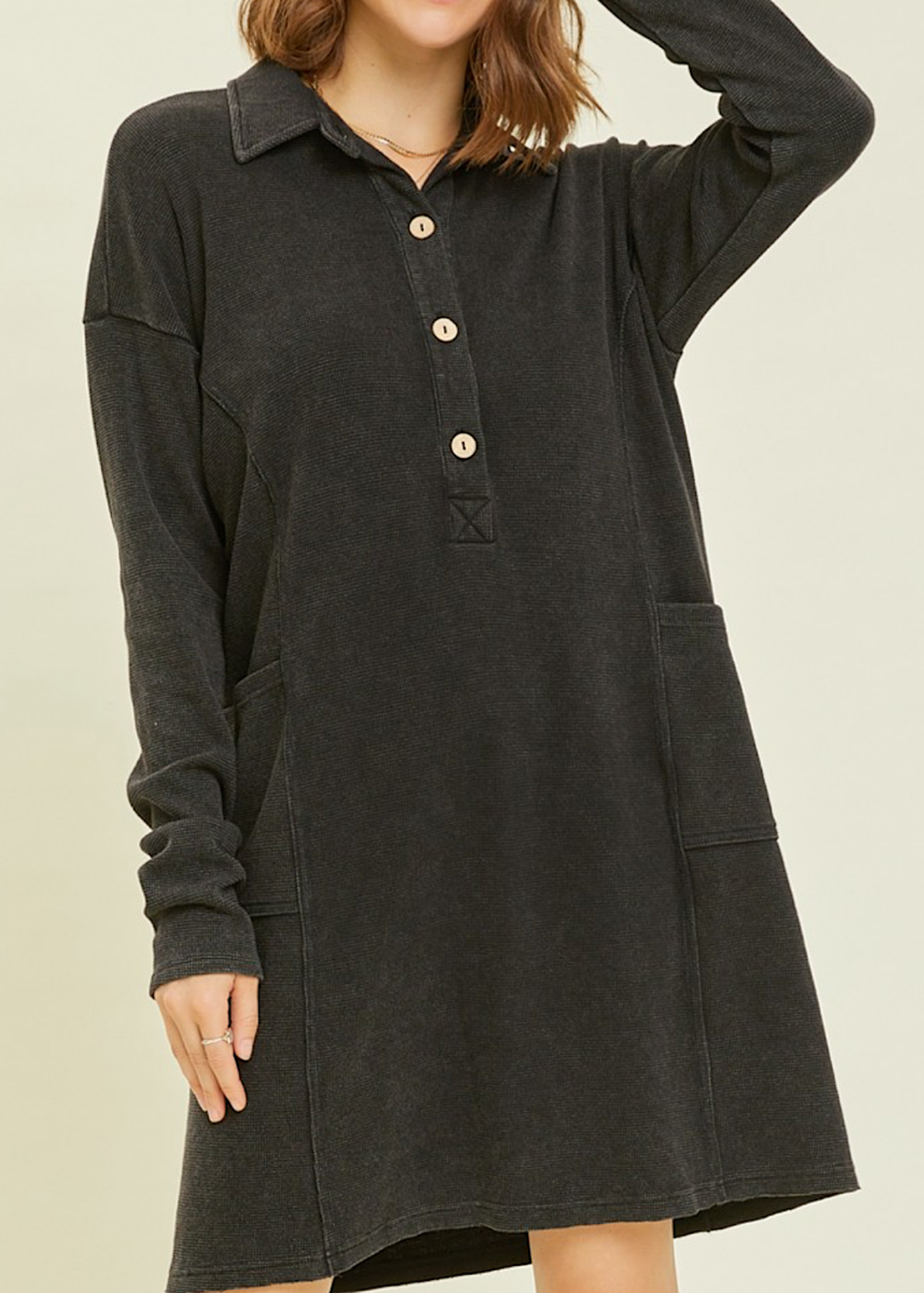 Black Mineral Washed Thermal Henley Dress with Pockets