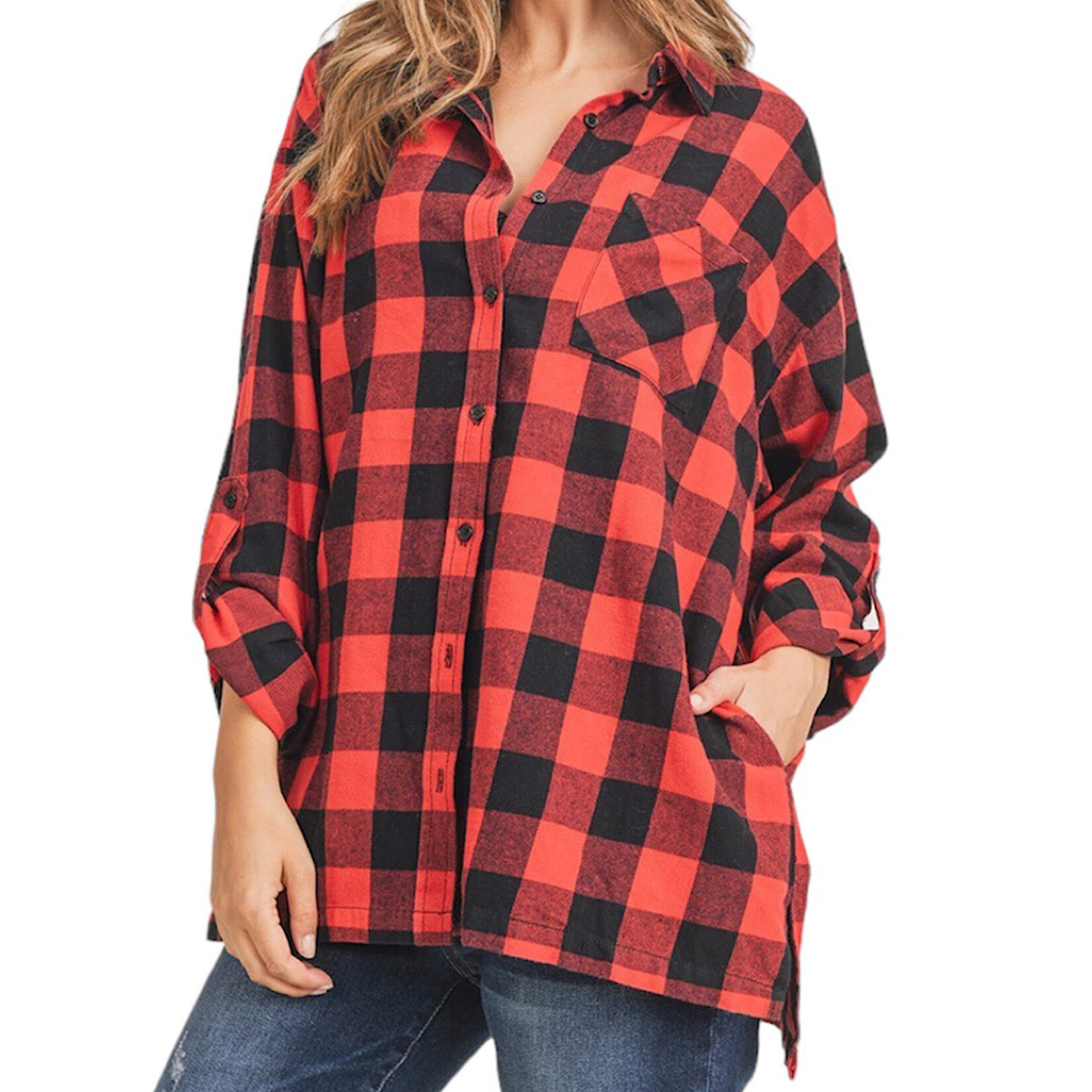 RISEN Plus Red Buffalo Plaid Oversized Shirt XRDJ1163