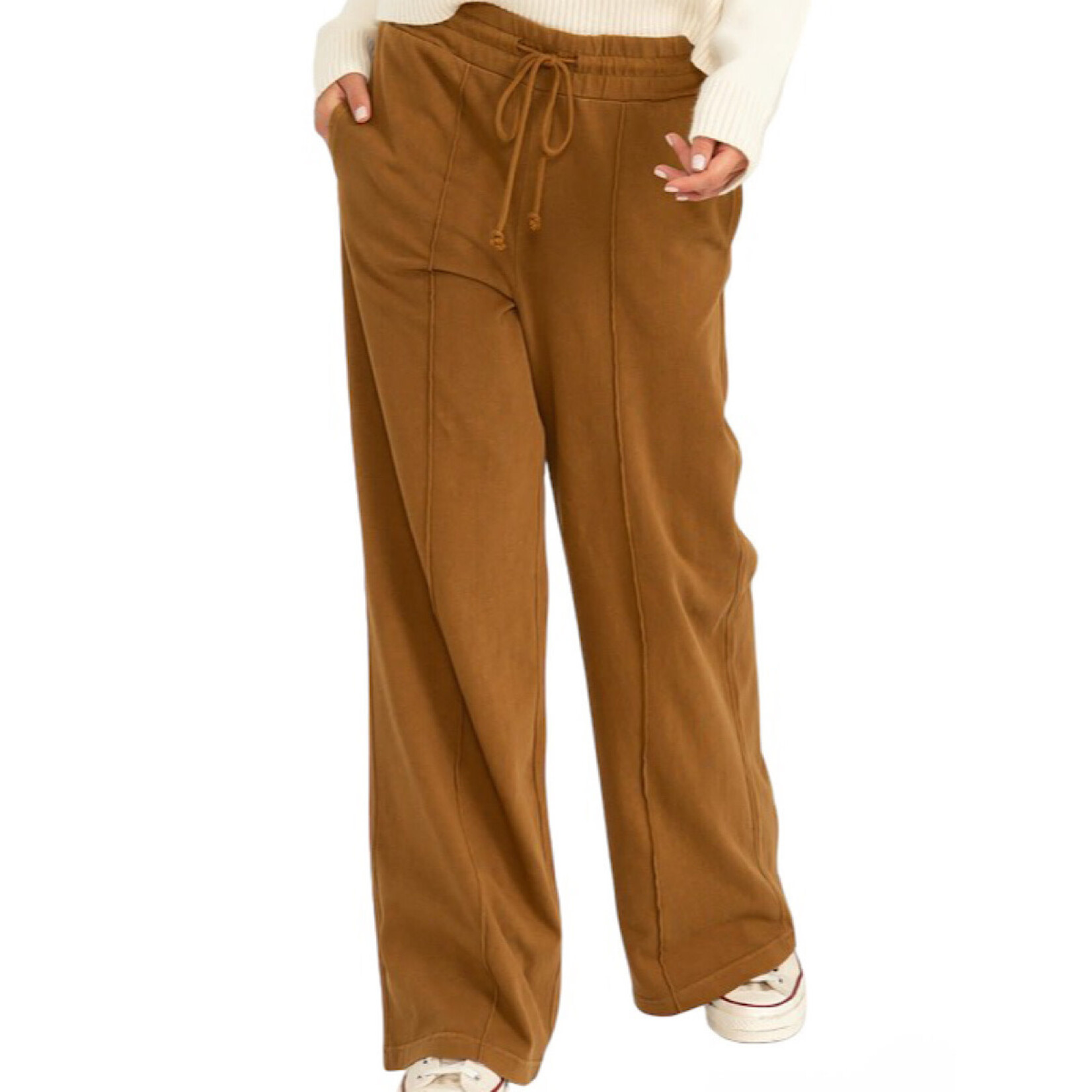 Brown High-Waist Drawstring Wide Leg Pants