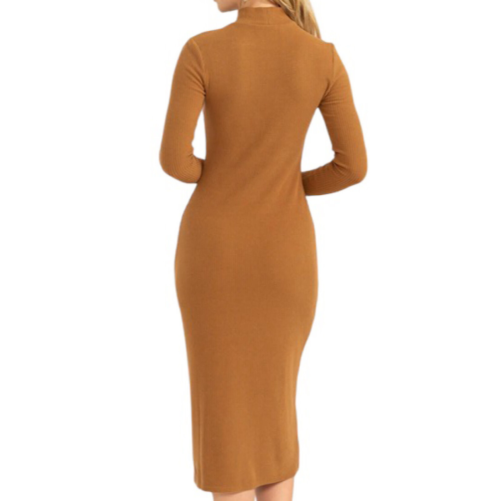 Brown Ribbed High Neck Midi Dress