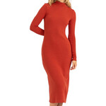 Brick Ribbed High Neck Midi Dress