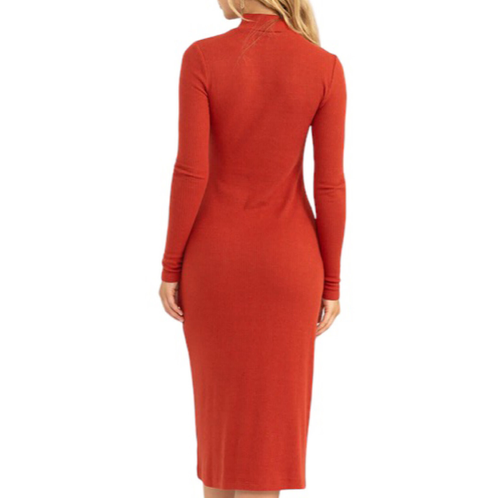Brick Ribbed High Neck Midi Dress