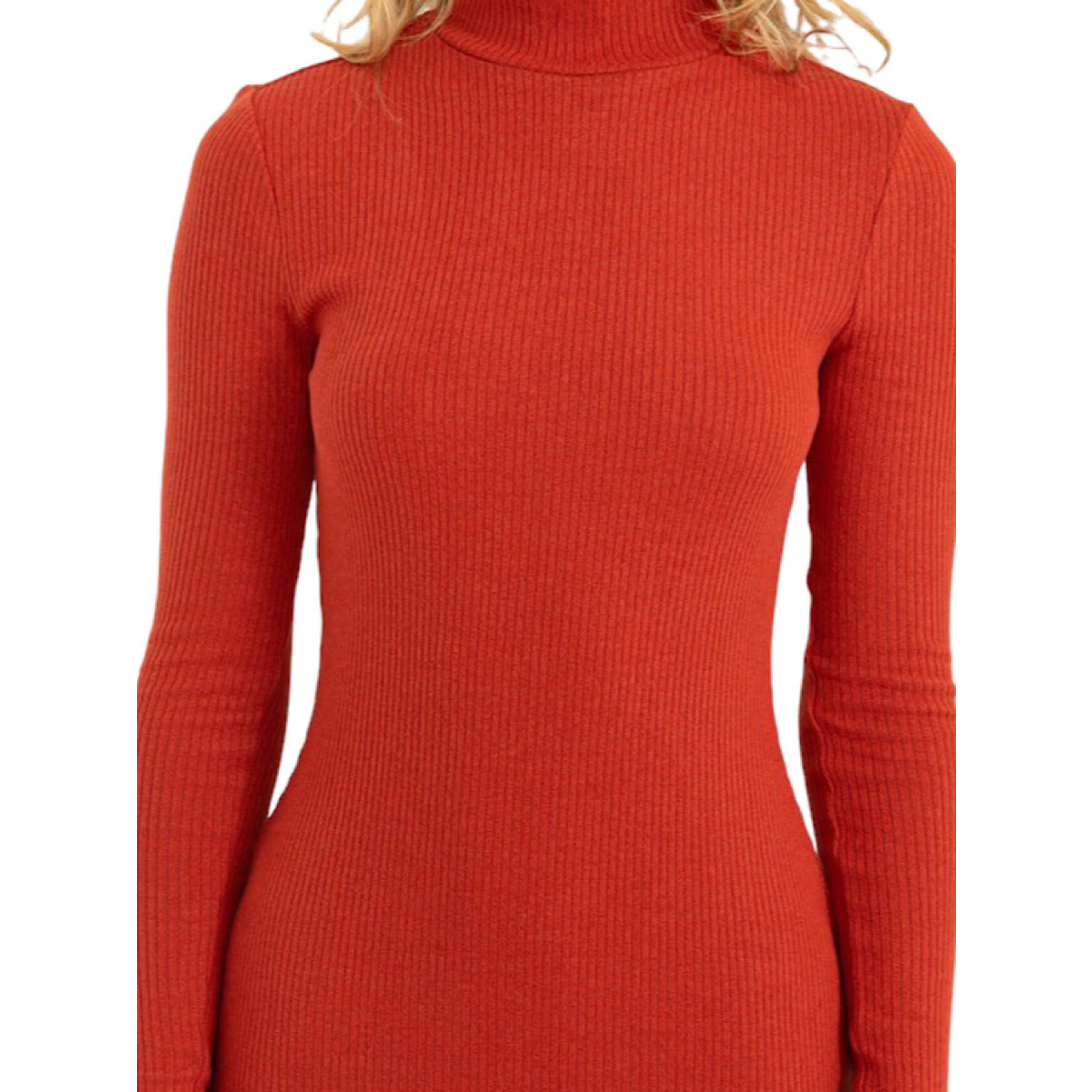 Brick Ribbed High Neck Midi Dress