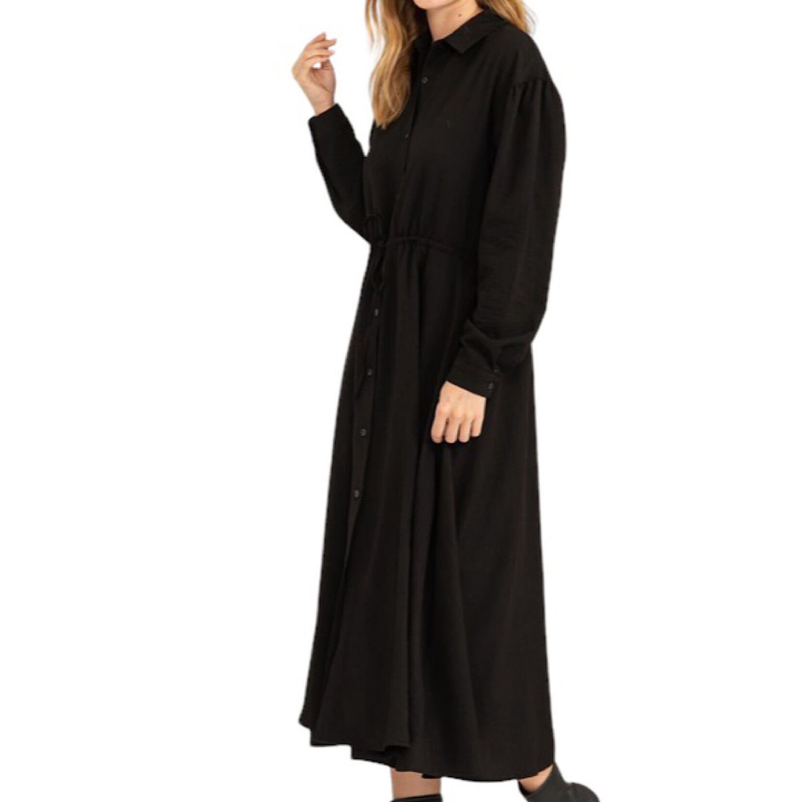 Black Tie-Waist Button Front Midi Dress