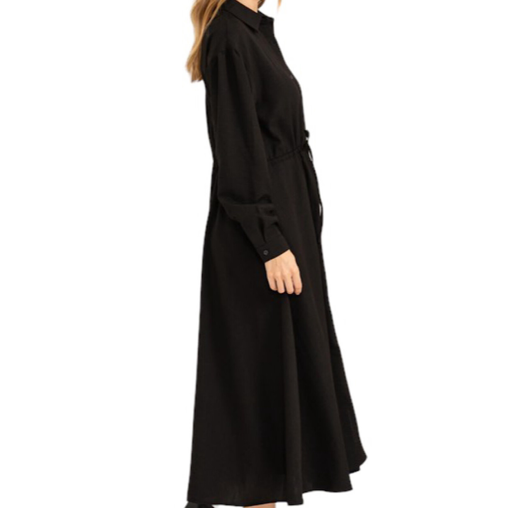 Black Tie-Waist Button Front Midi Dress