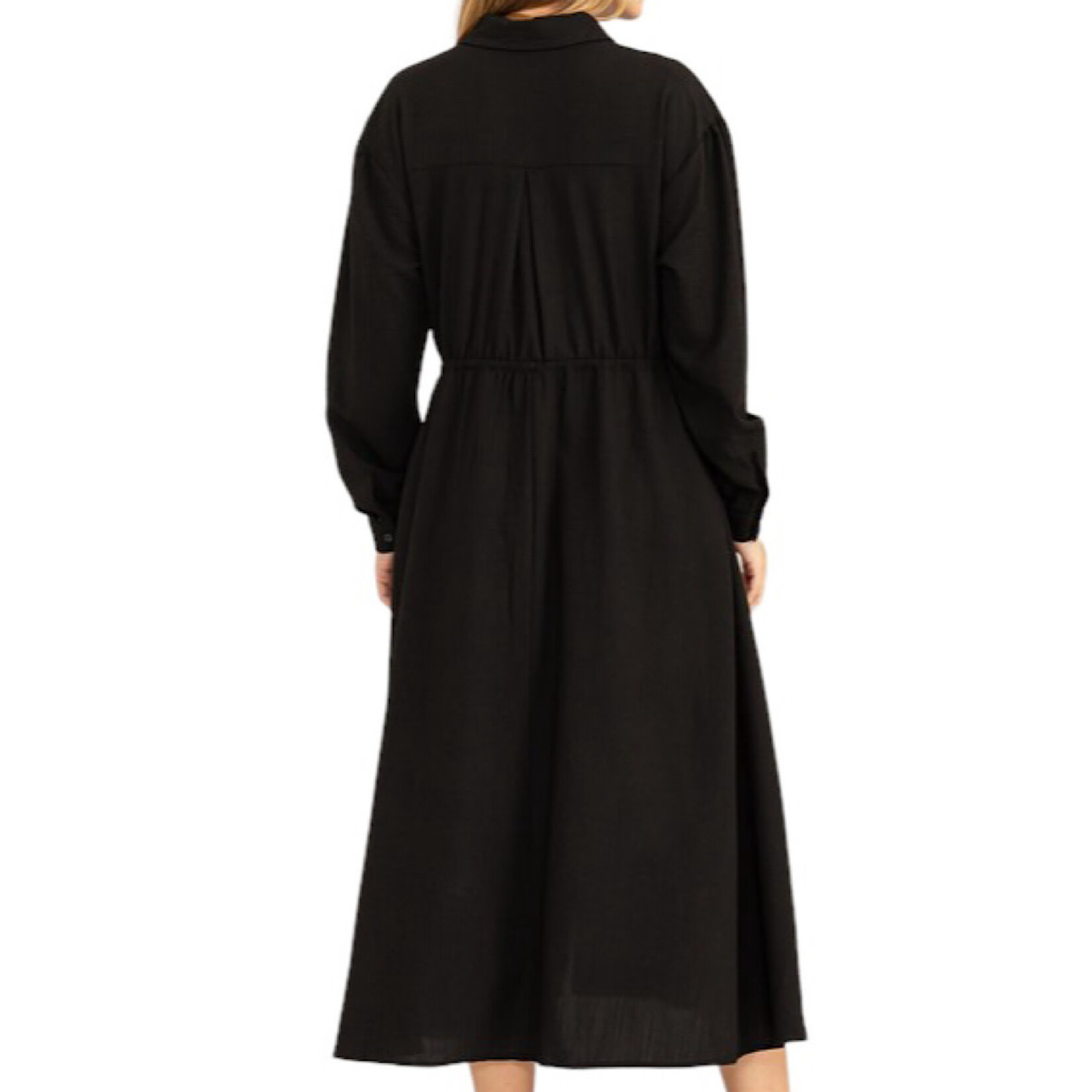 Black Tie-Waist Button Front Midi Dress