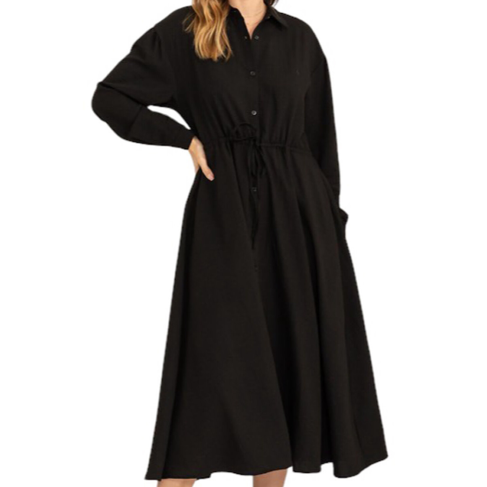 Black Tie-Waist Button Front Midi Dress