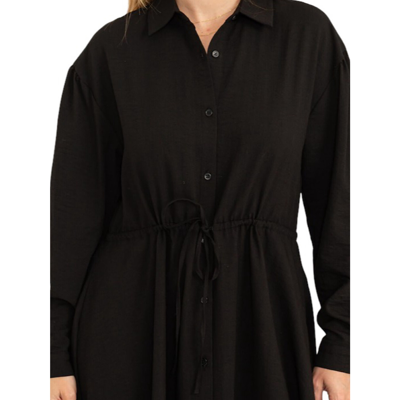 Black Tie-Waist Button Front Midi Dress