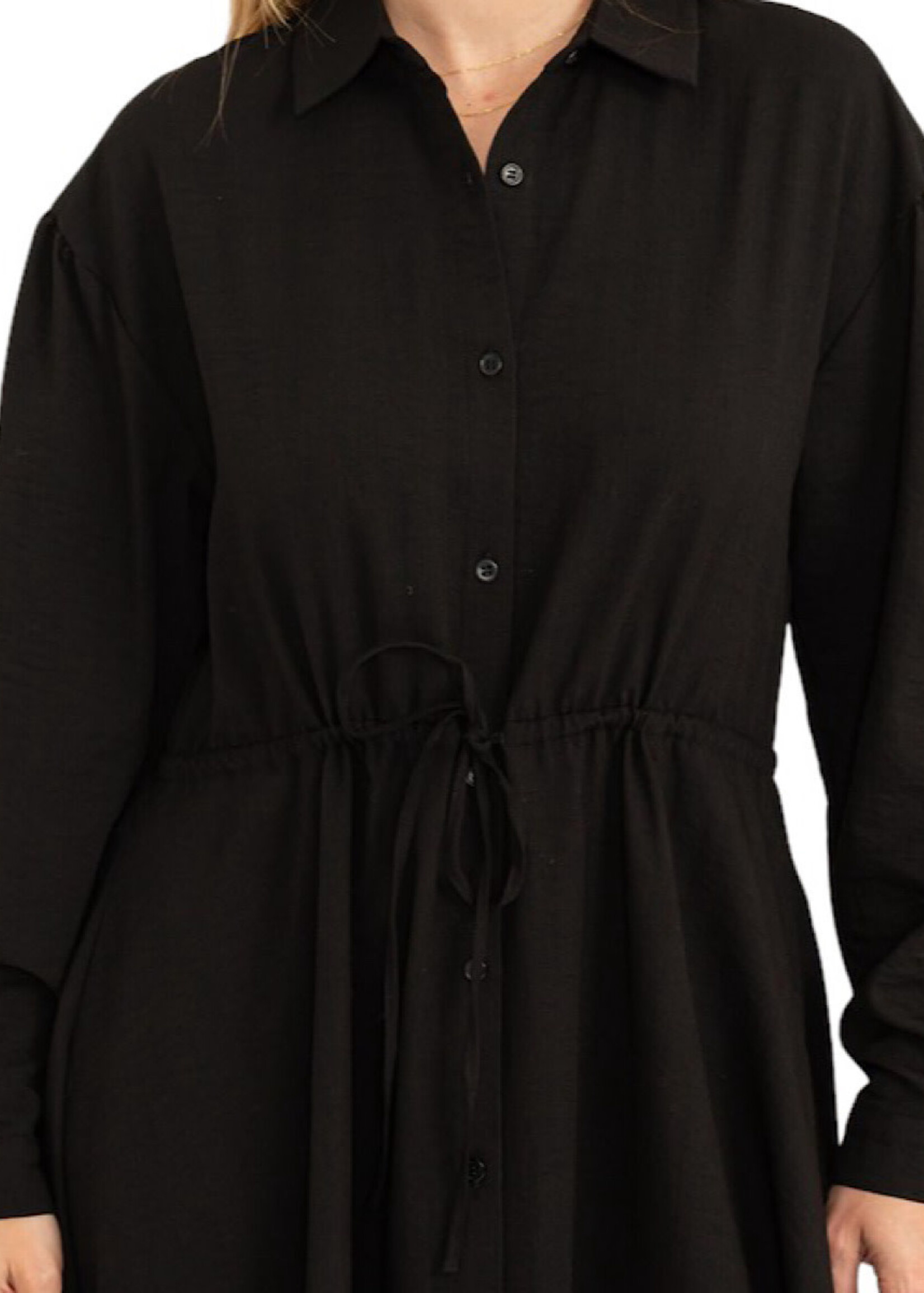 Black Tie-Waist Button Front Midi Dress