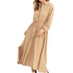 Camel Tie-Waist Button Front Midi Dress