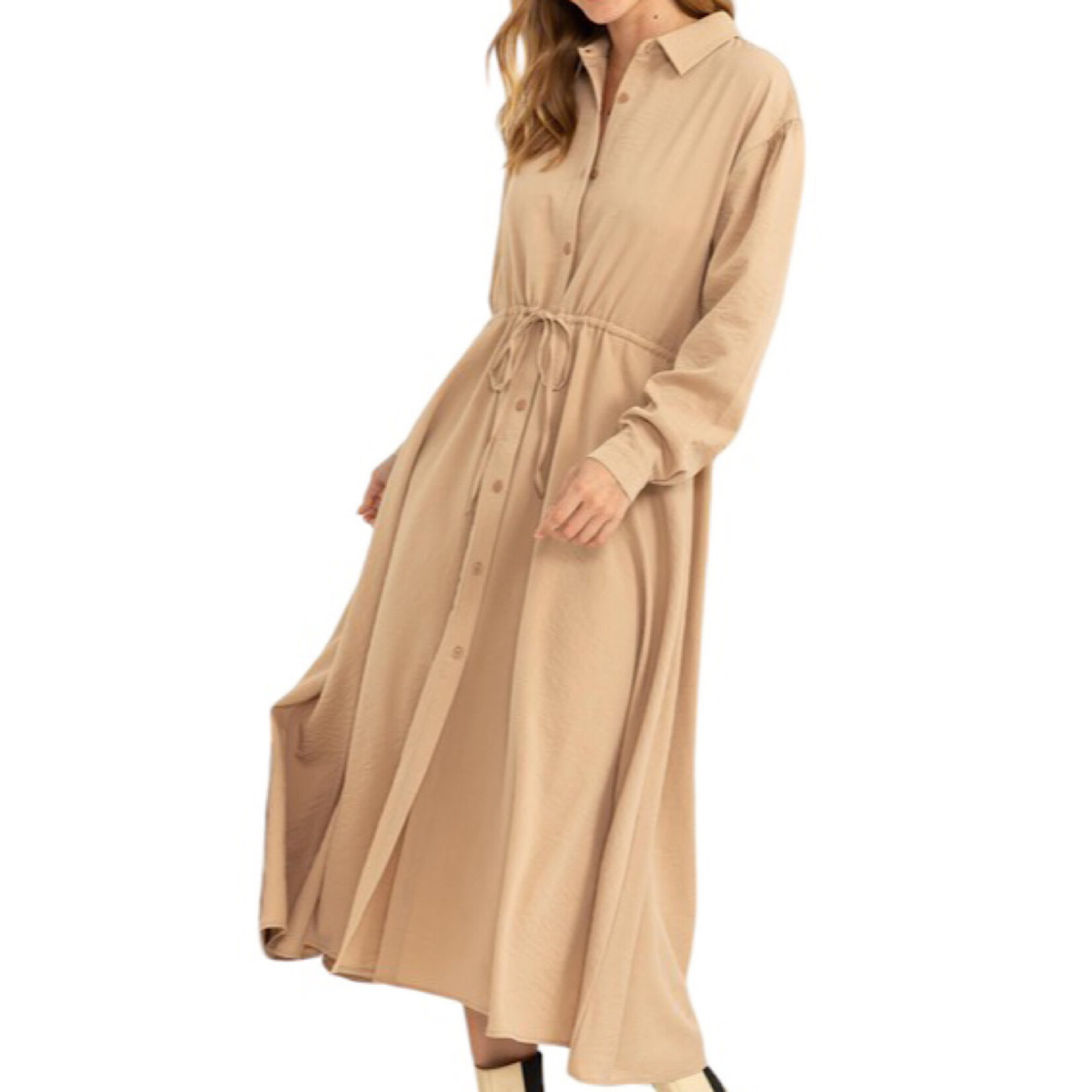 Camel Tie-Waist Button Front Midi Dress
