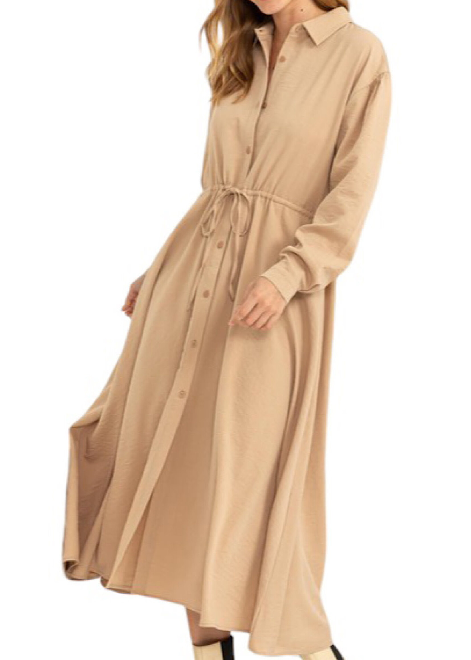 Camel Tie-Waist Button Front Midi Dress