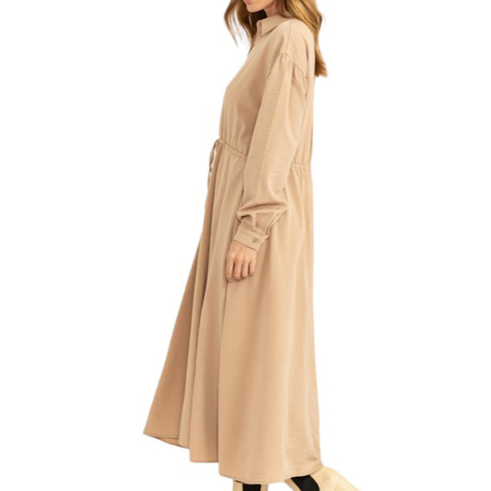 Camel Tie-Waist Button Front Midi Dress