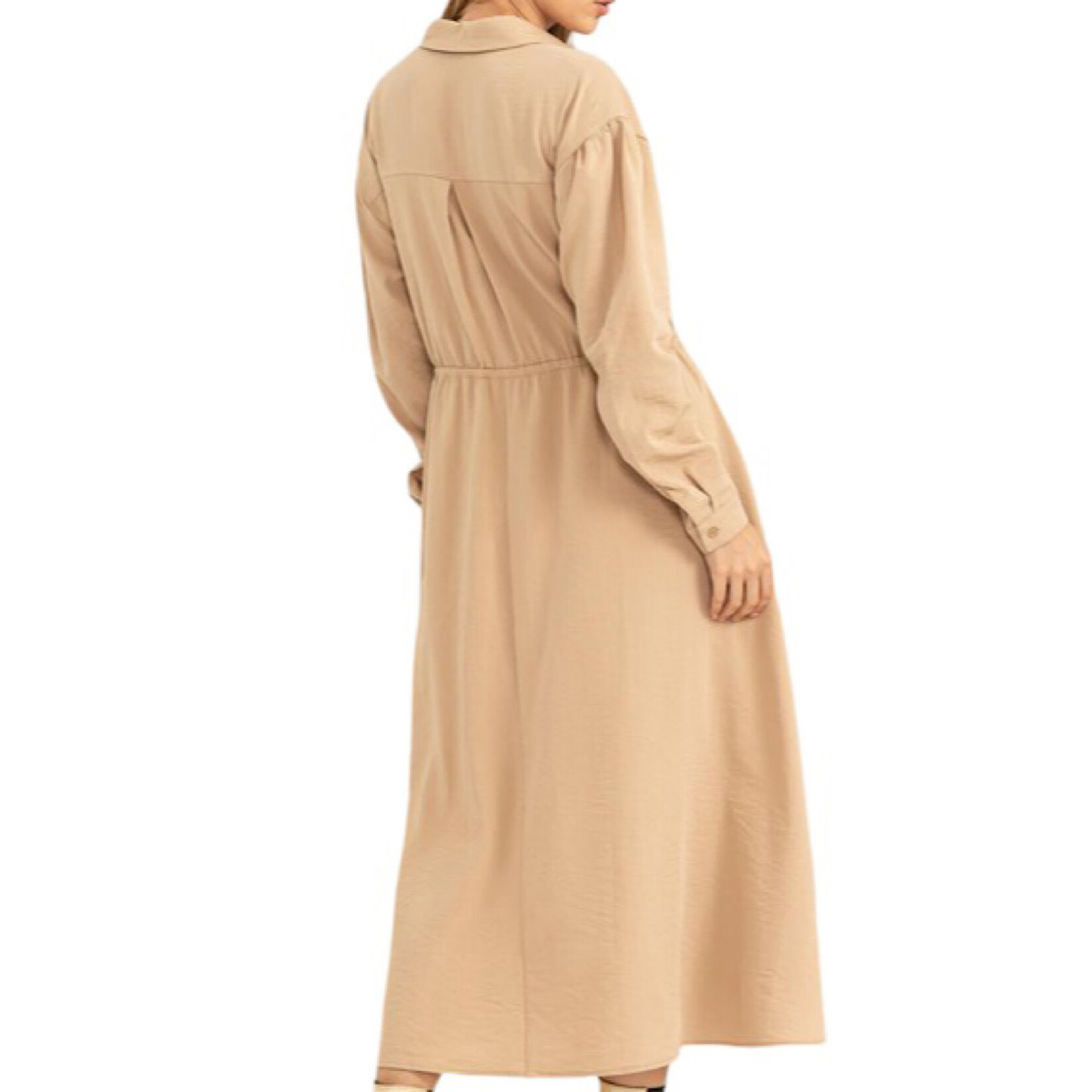 Camel Tie-Waist Button Front Midi Dress
