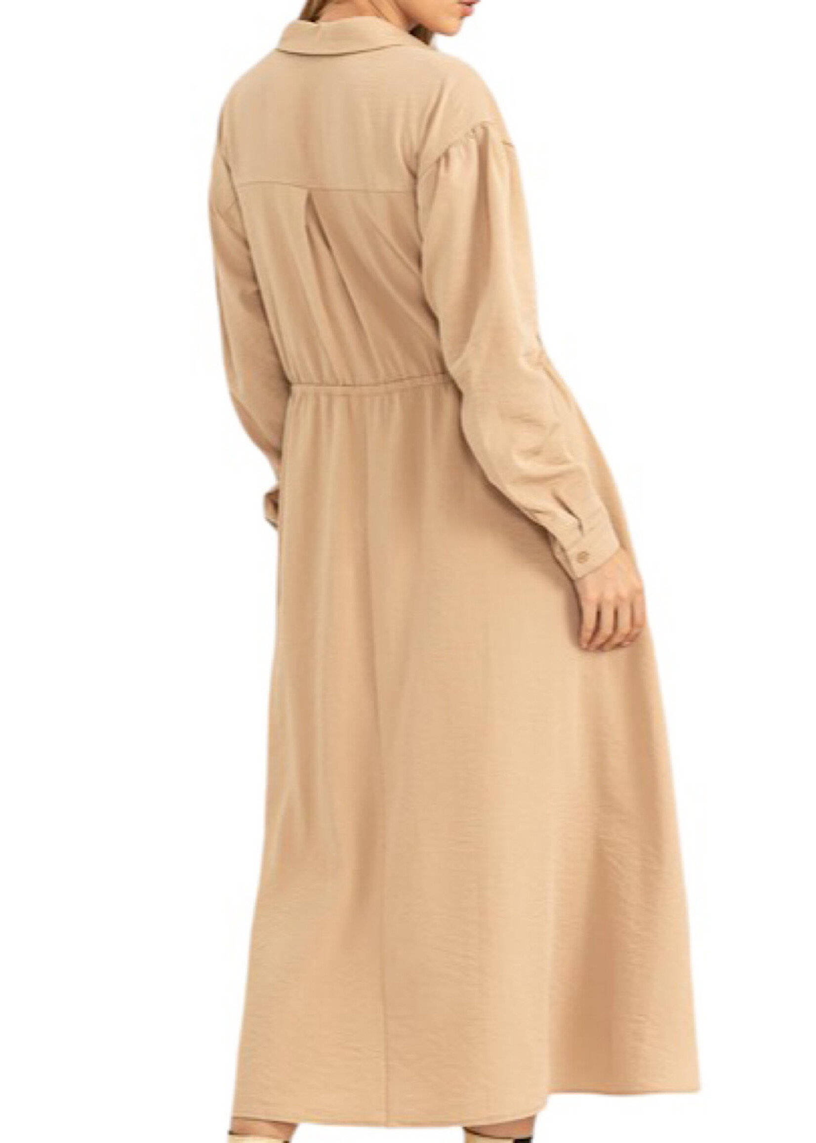 Camel Tie-Waist Button Front Midi Dress