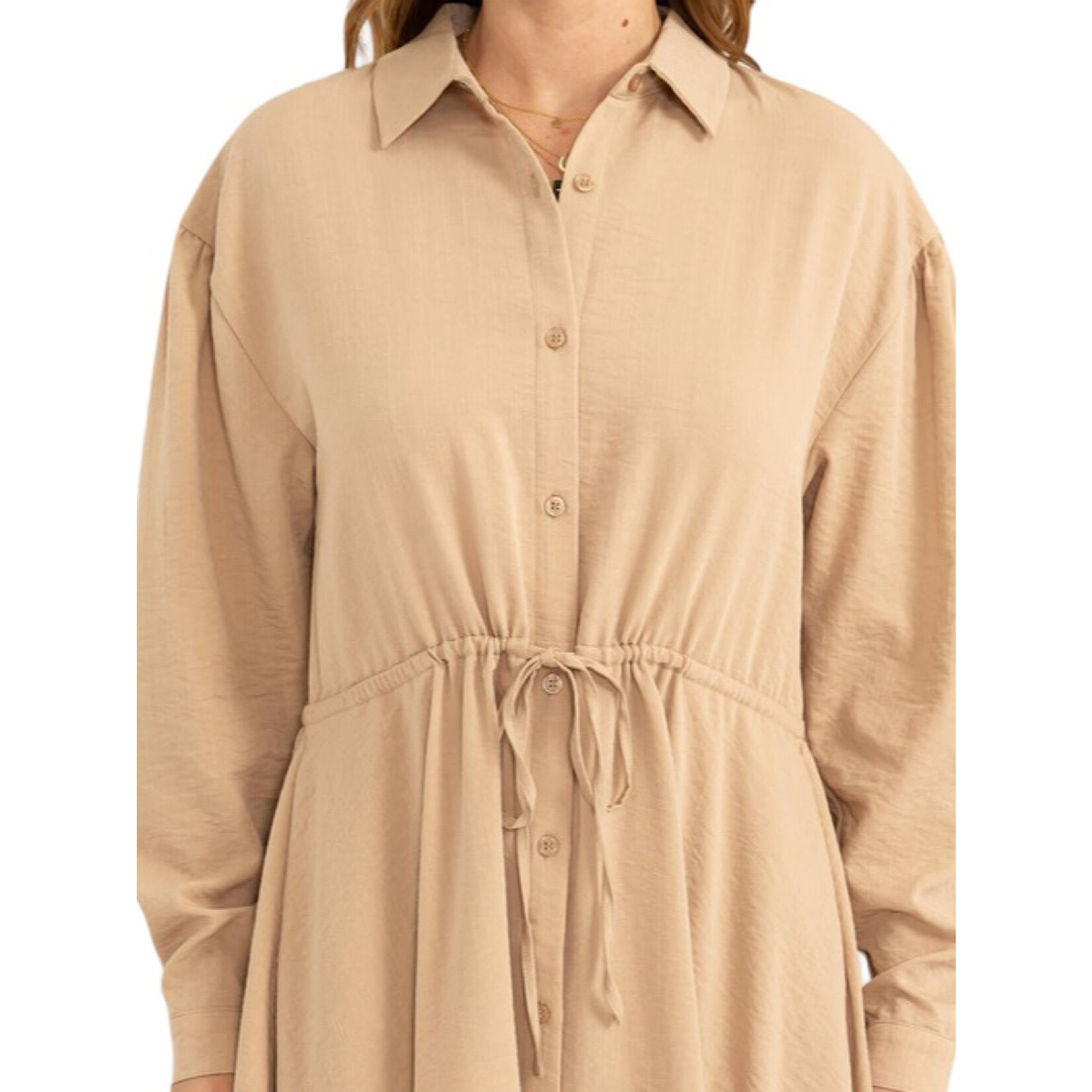 Camel Tie-Waist Button Front Midi Dress