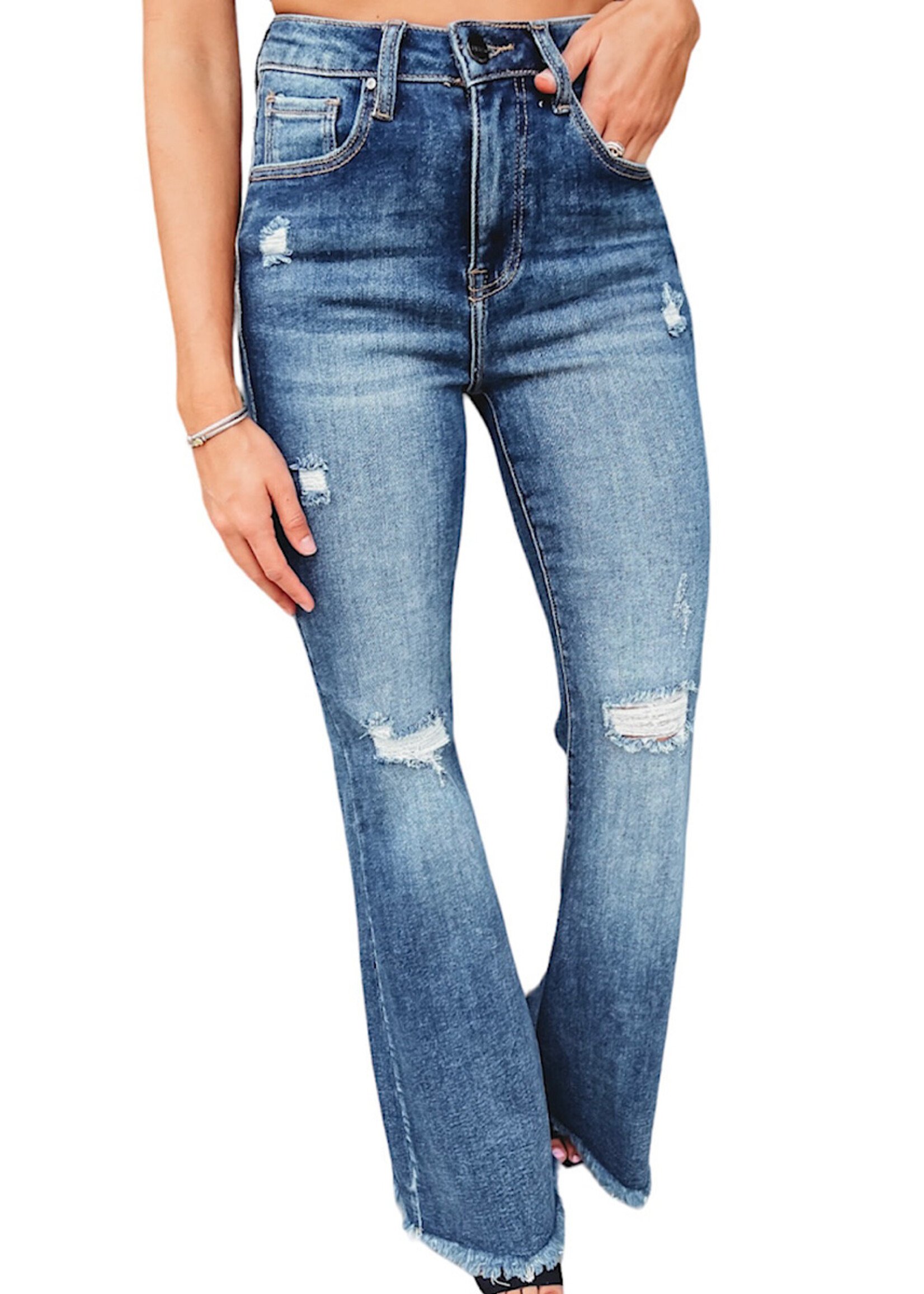Risen Jeans - Mid Rise Cropped Flare Jeans - RDP5539 MediumBlue / 24