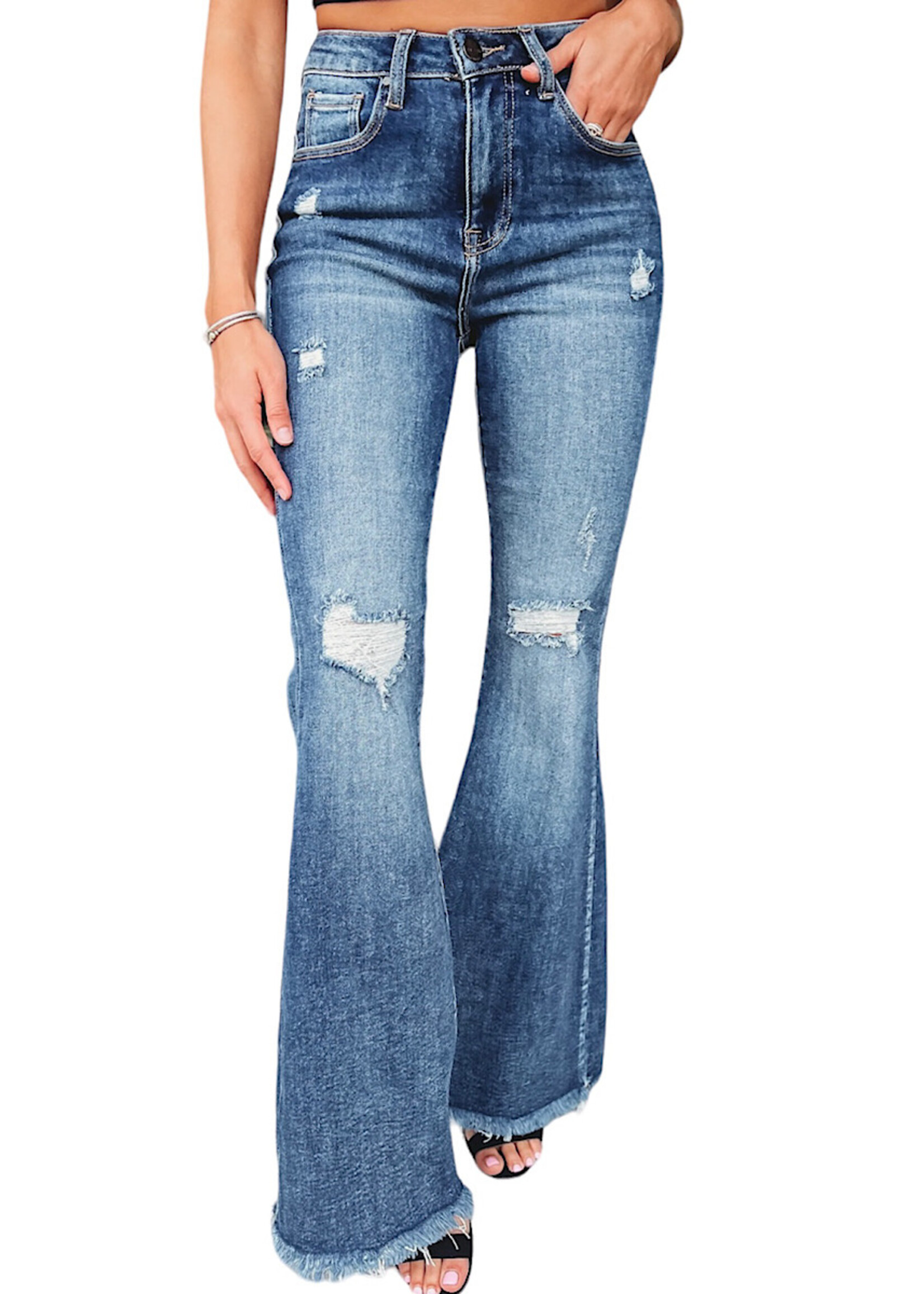 RISEN RDP5537 Medium High Rise Knee Distressed Flare Jeans