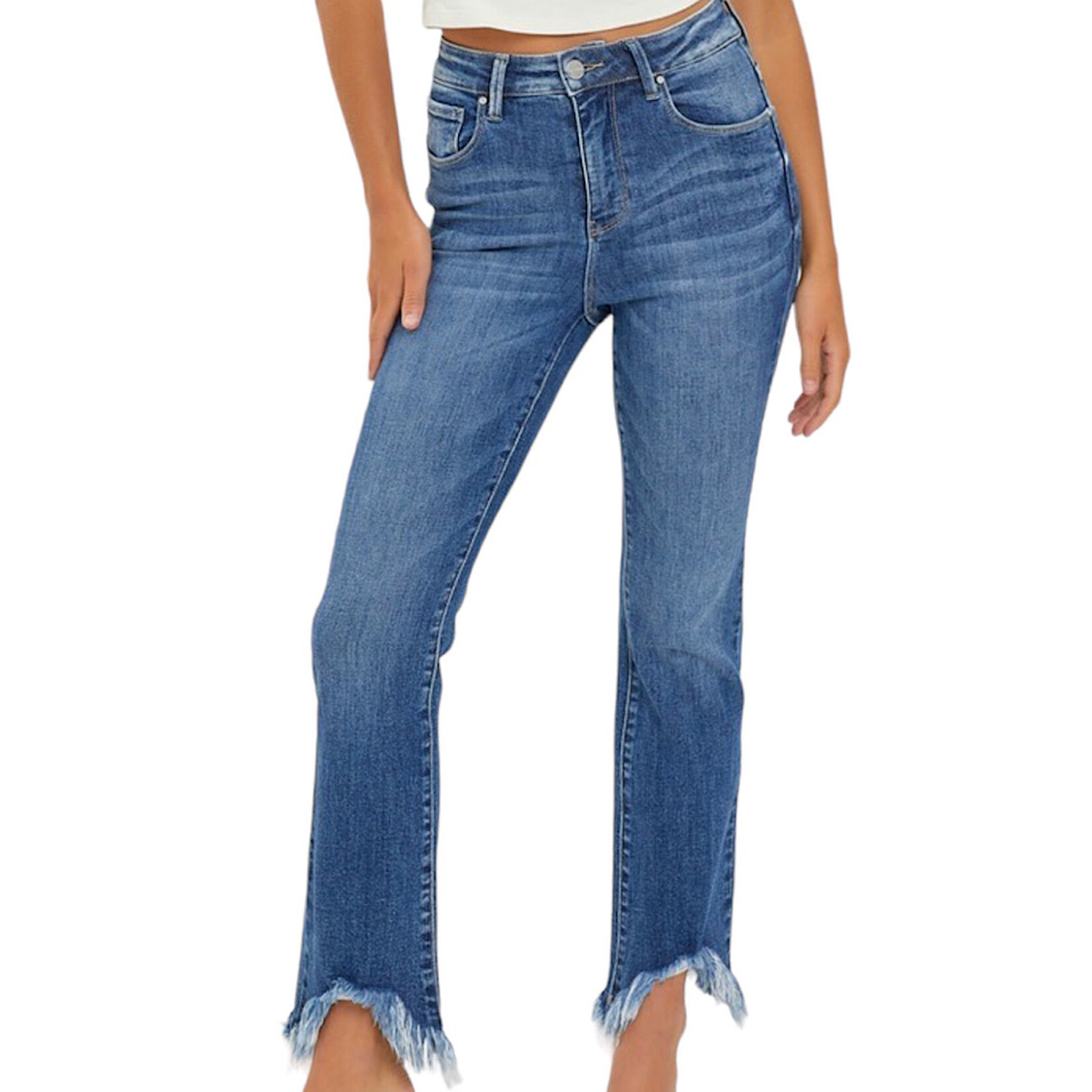 RISEN RDP5599 Medium H/R Fray Hem Ankle Bootcut Jeans